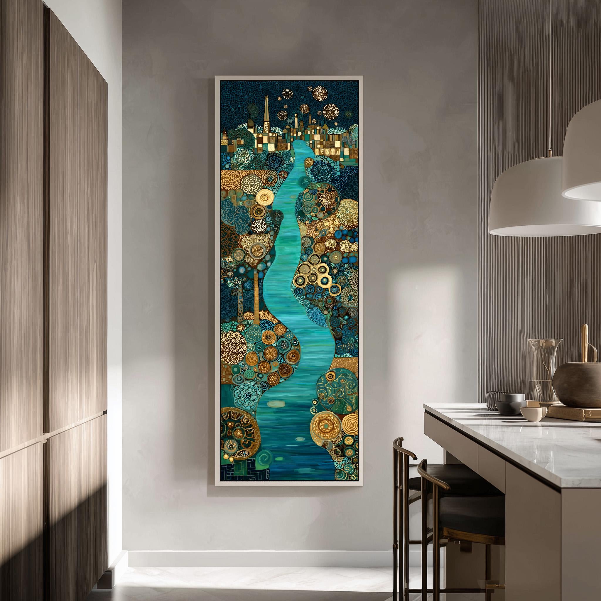 a large, colorful painting of a cityscape hanging on a wall in a modern, minimalist kitchen.