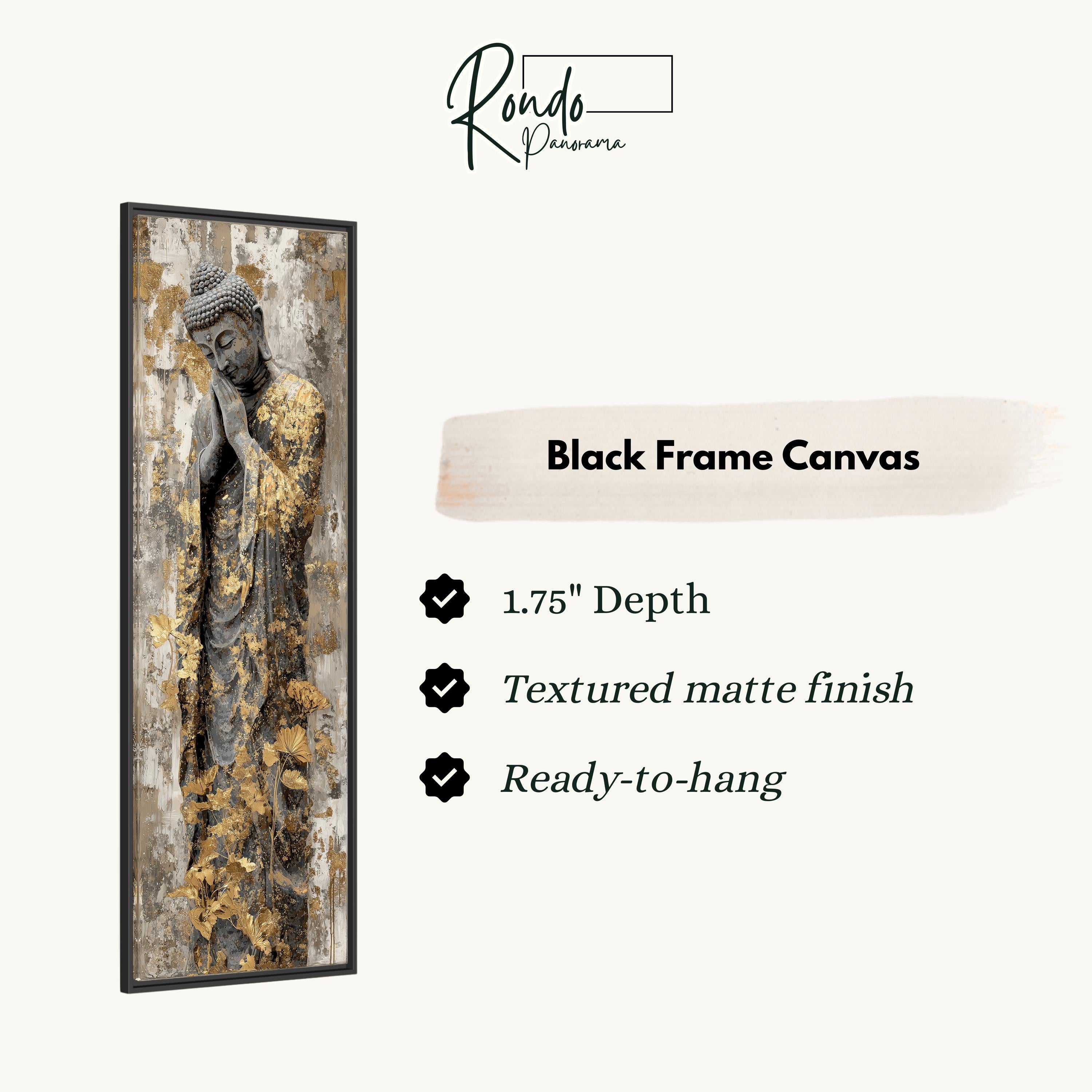 a black frame canvas with a Buddha statue depicted on it.