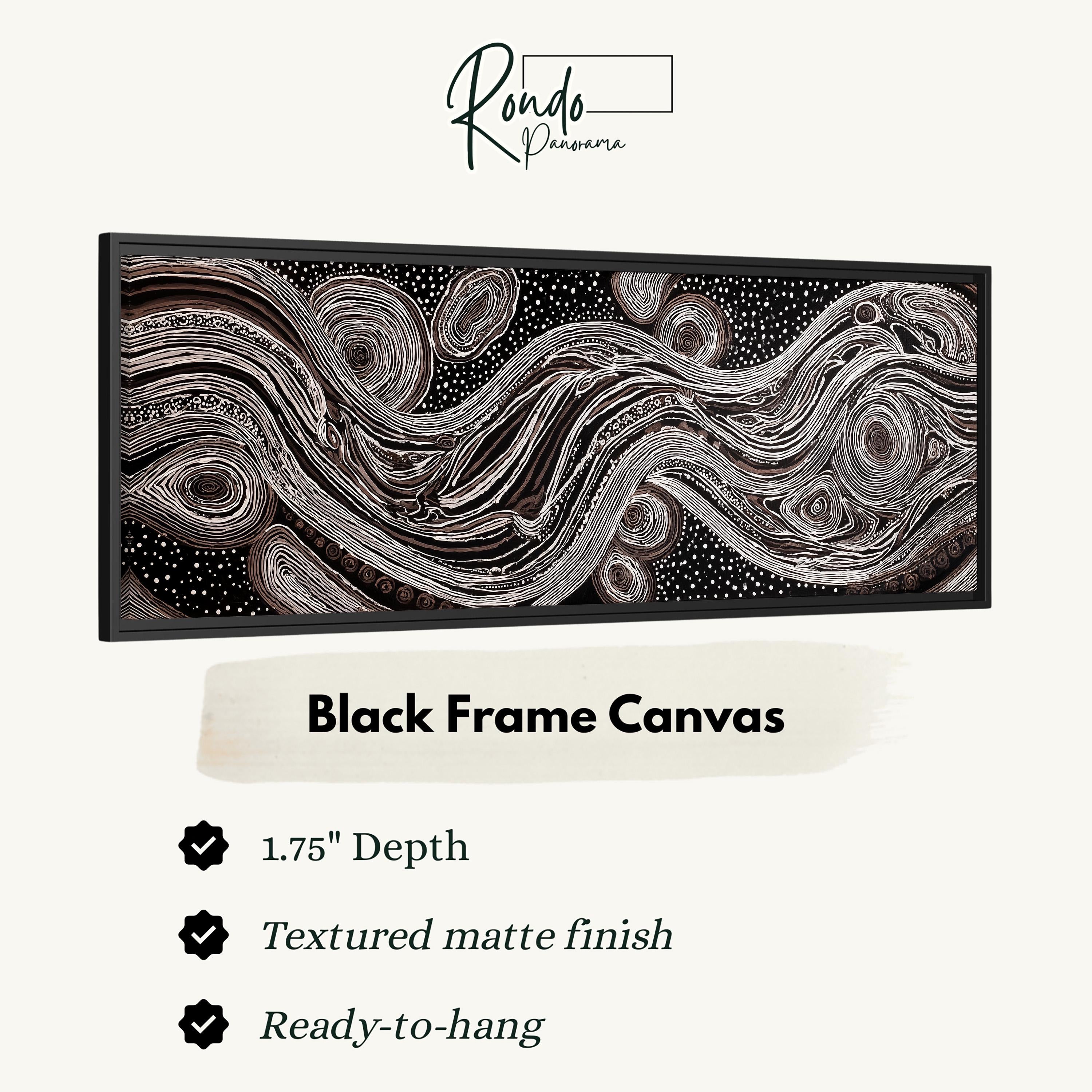 The image is a black frame canvas with a textured matte finish, measuring 1.75" in depth. It is ready to hang and has a textured matte finish.