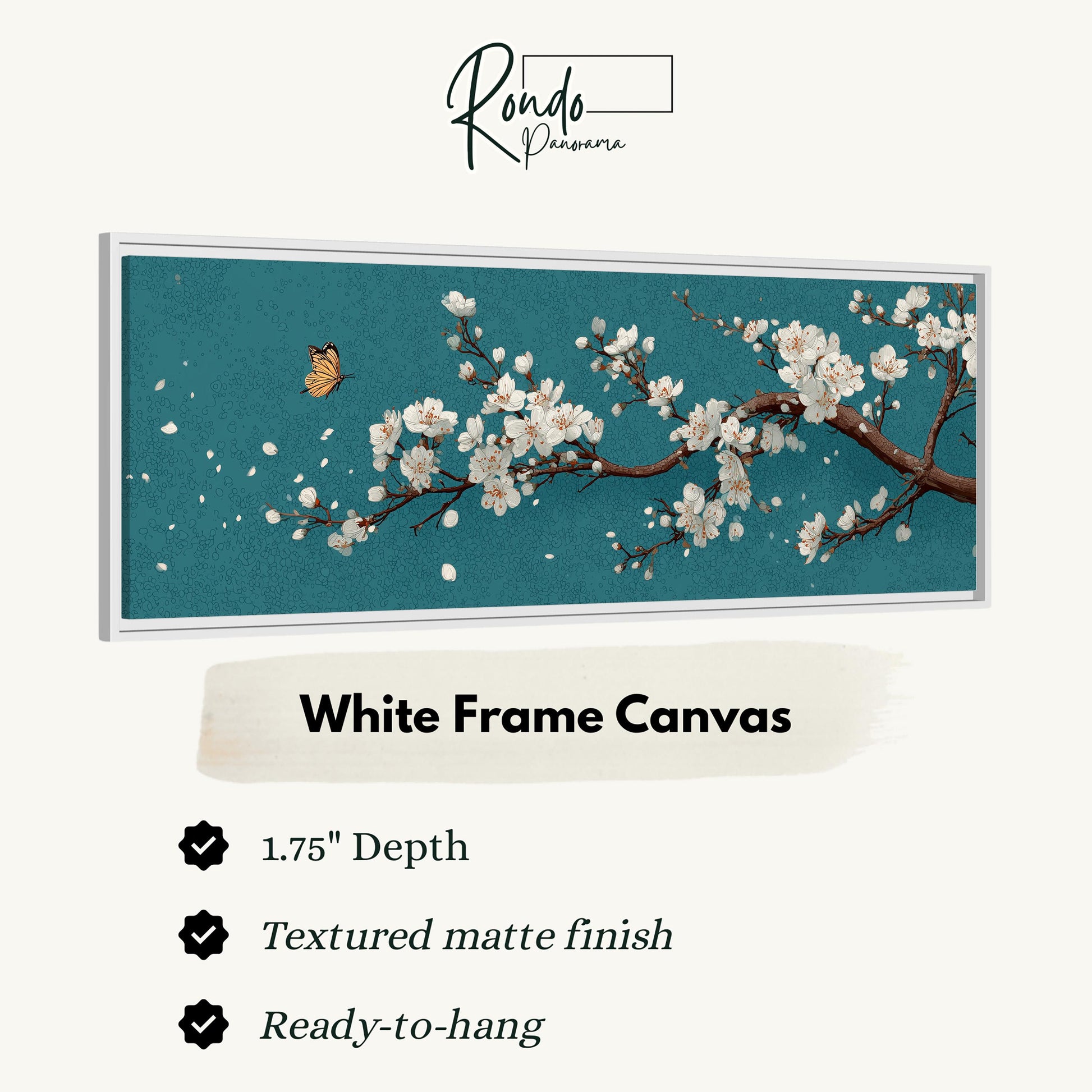 The image is a framed canvas depicting a white frame with a floral design on a teal background.