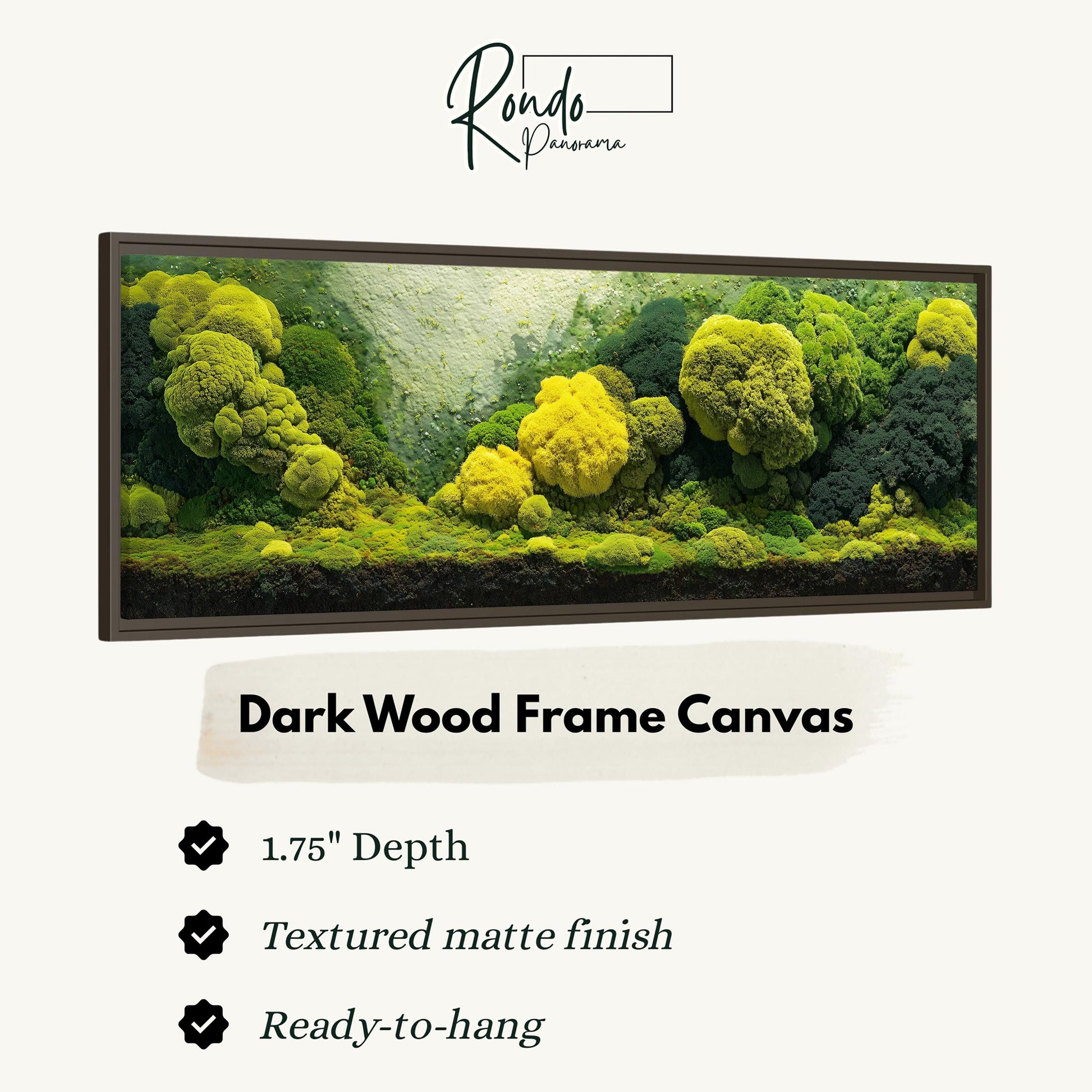 The image is a framed canvas depicting a lush, green forest with moss and other vegetation.