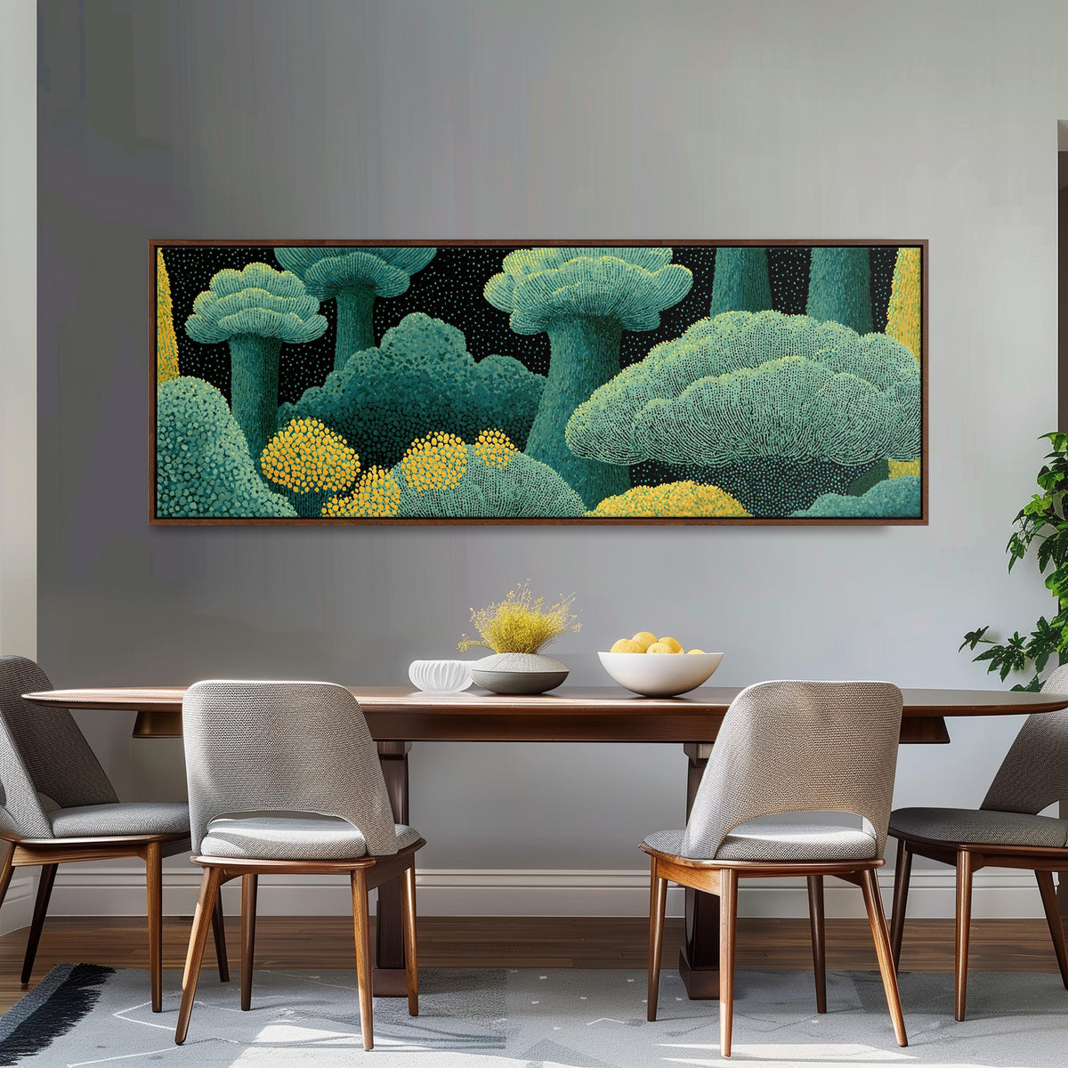 Teal dotted treetops long horizontal canvas print above a dining table