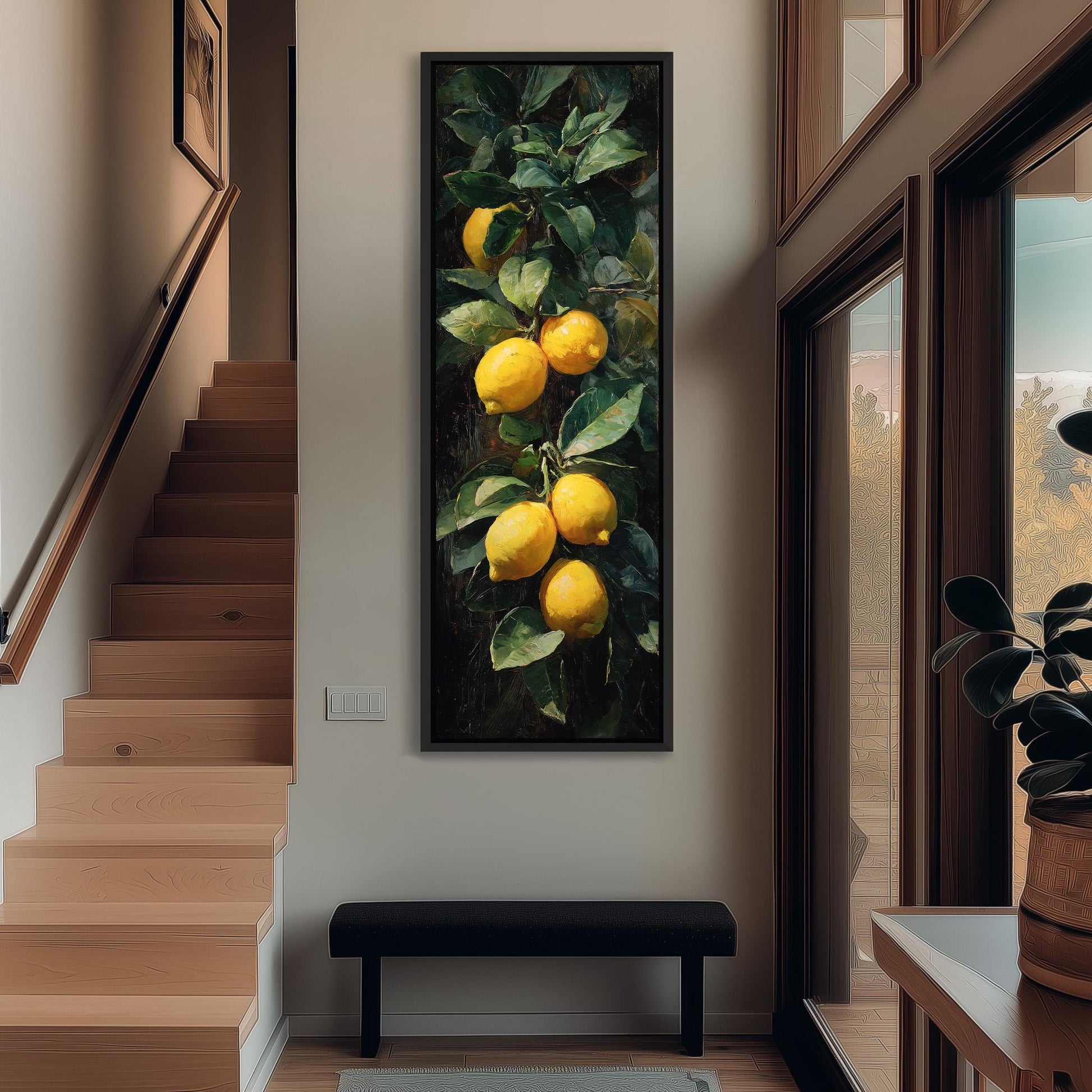 a large painting of lemons hanging on the wall, with a wooden staircase and a bench in the foreground.