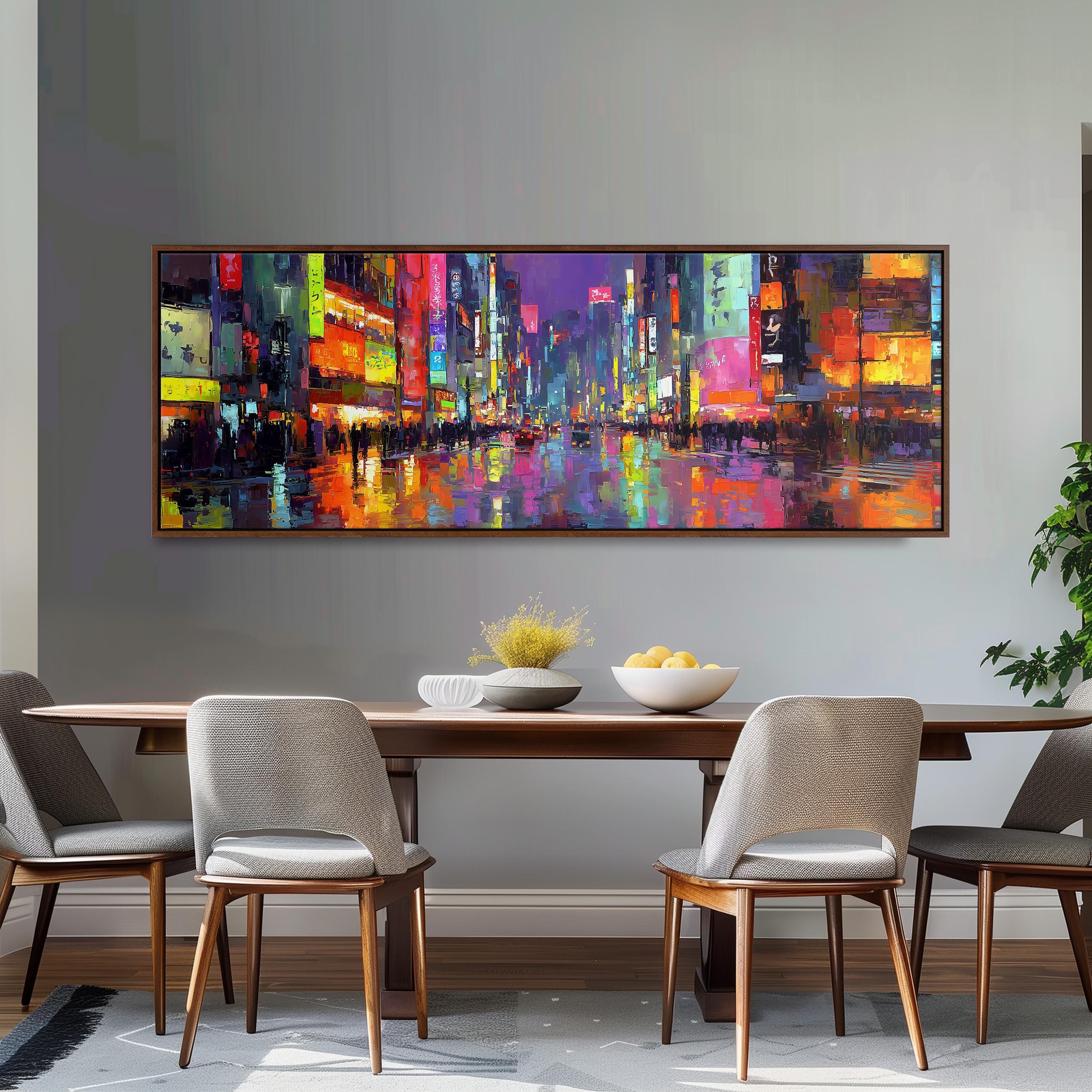 a large, colorful painting of a cityscape hanging on a wall above a wooden dining table with four chairs.