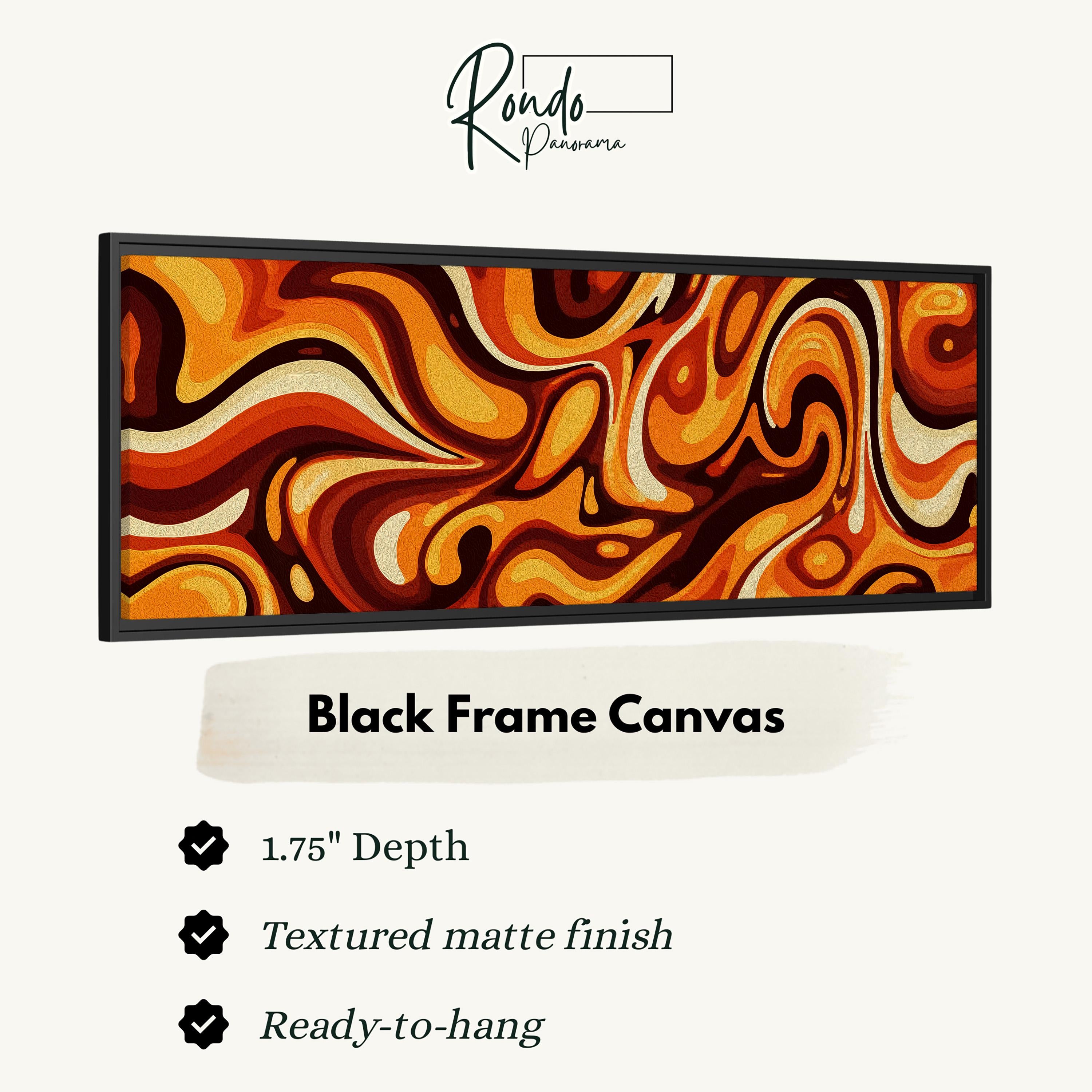 The image is a black frame canvas with a vibrant abstract design in shades of orange and brown.
