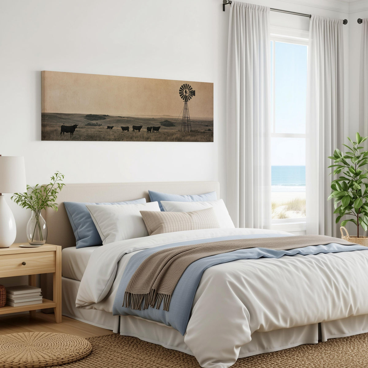 Black cattle grazing by a windmill on the prairie panoramic canvas print above a bed in a coastal bedroom