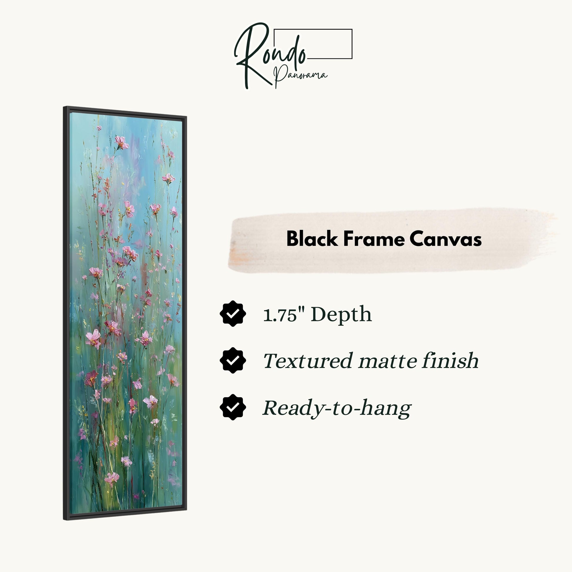 The image is a black frame canvas with a painting of pink flowers.