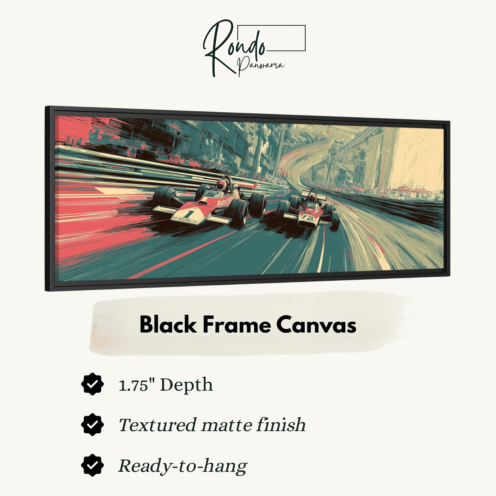 The image is a framed canvas depicting two Formula One race cars speeding down a curvy track.