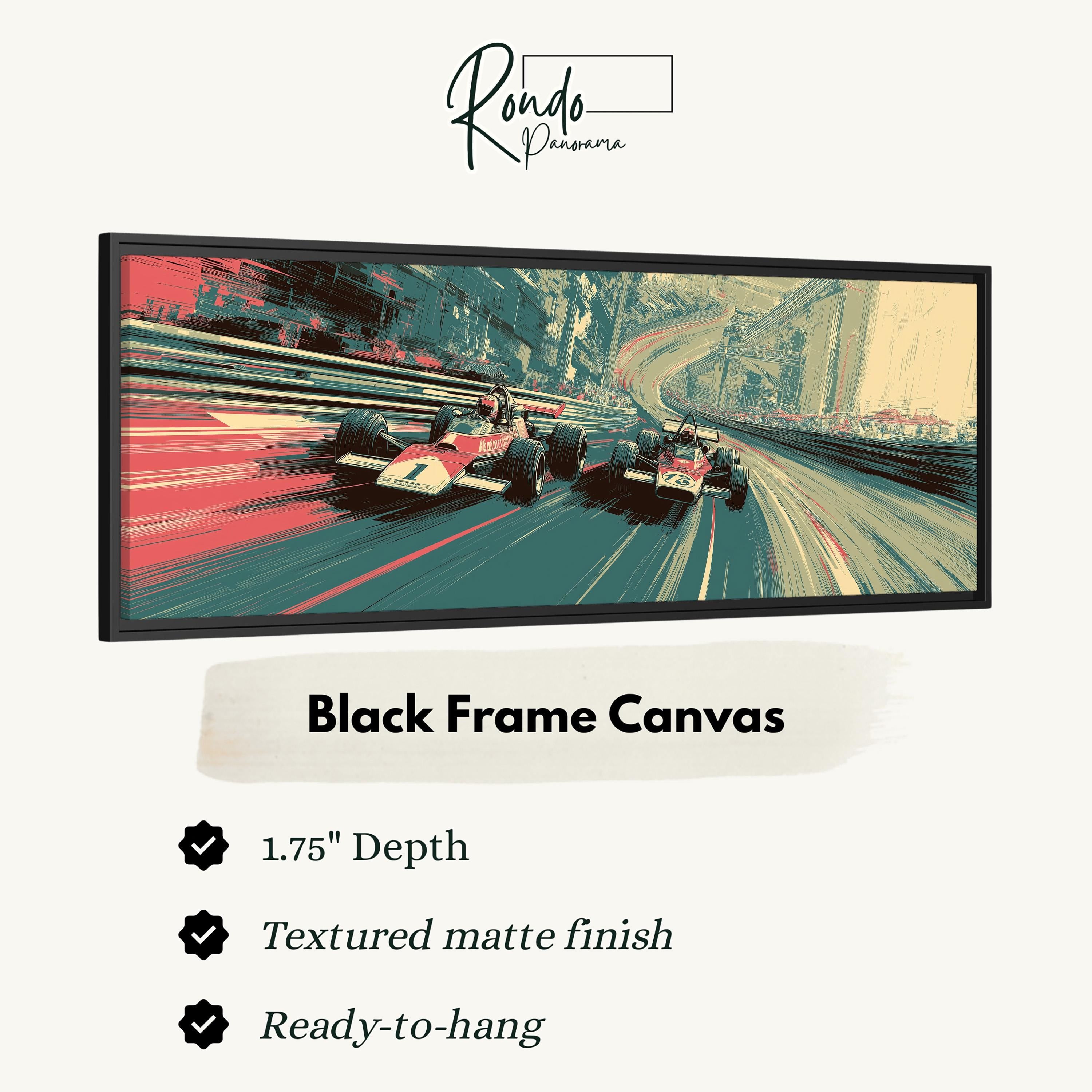 The image is a framed canvas depicting two Formula One race cars speeding down a curvy track.