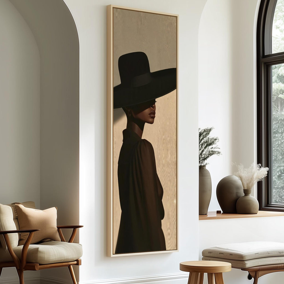 Woman in a wide black hat in profile tall skinny canvas print in a sunlit living space
