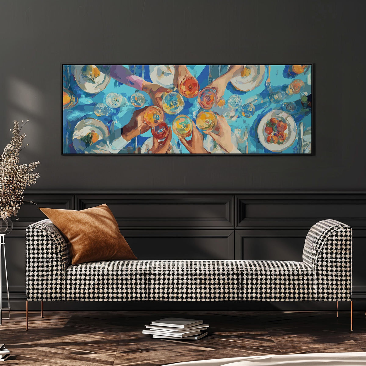 Friends toasting over a blue table from above long horizontal canvas print above a dining table