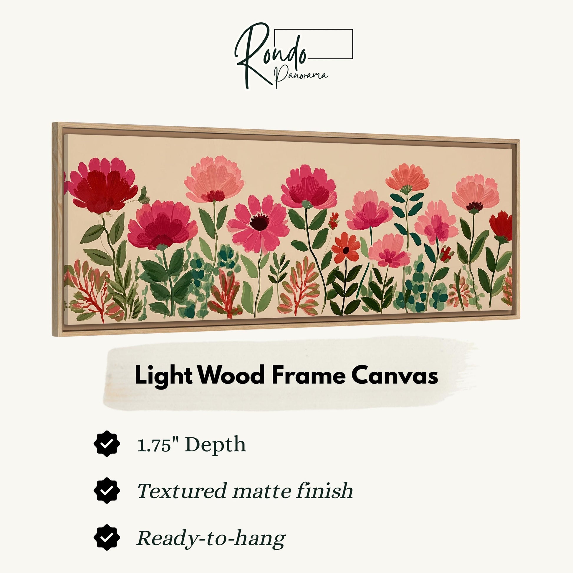 a light wood frame canvas with a floral design of pink flowers and green leaves.