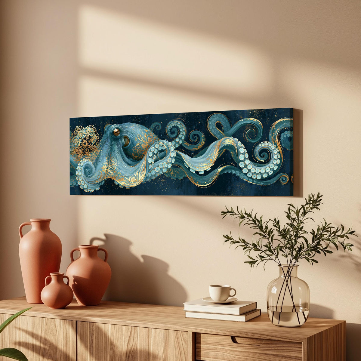 Blue and gold octopus long horizontal canvas print above a wooden sideboard