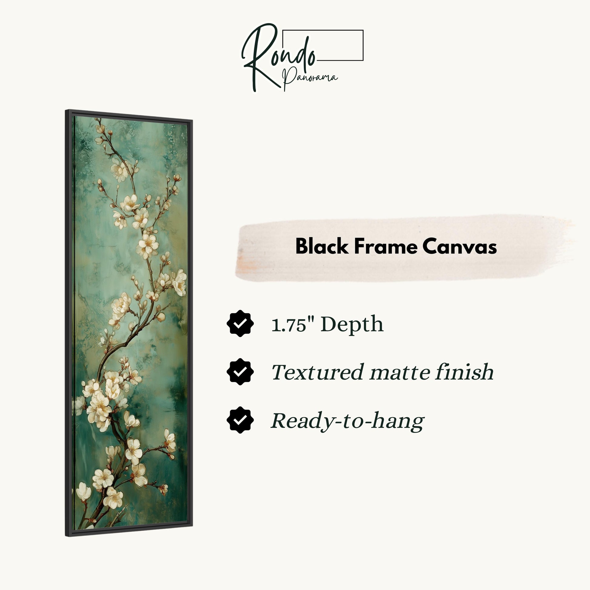 The image is a black frame canvas featuring a painting of white flowers on a branch.