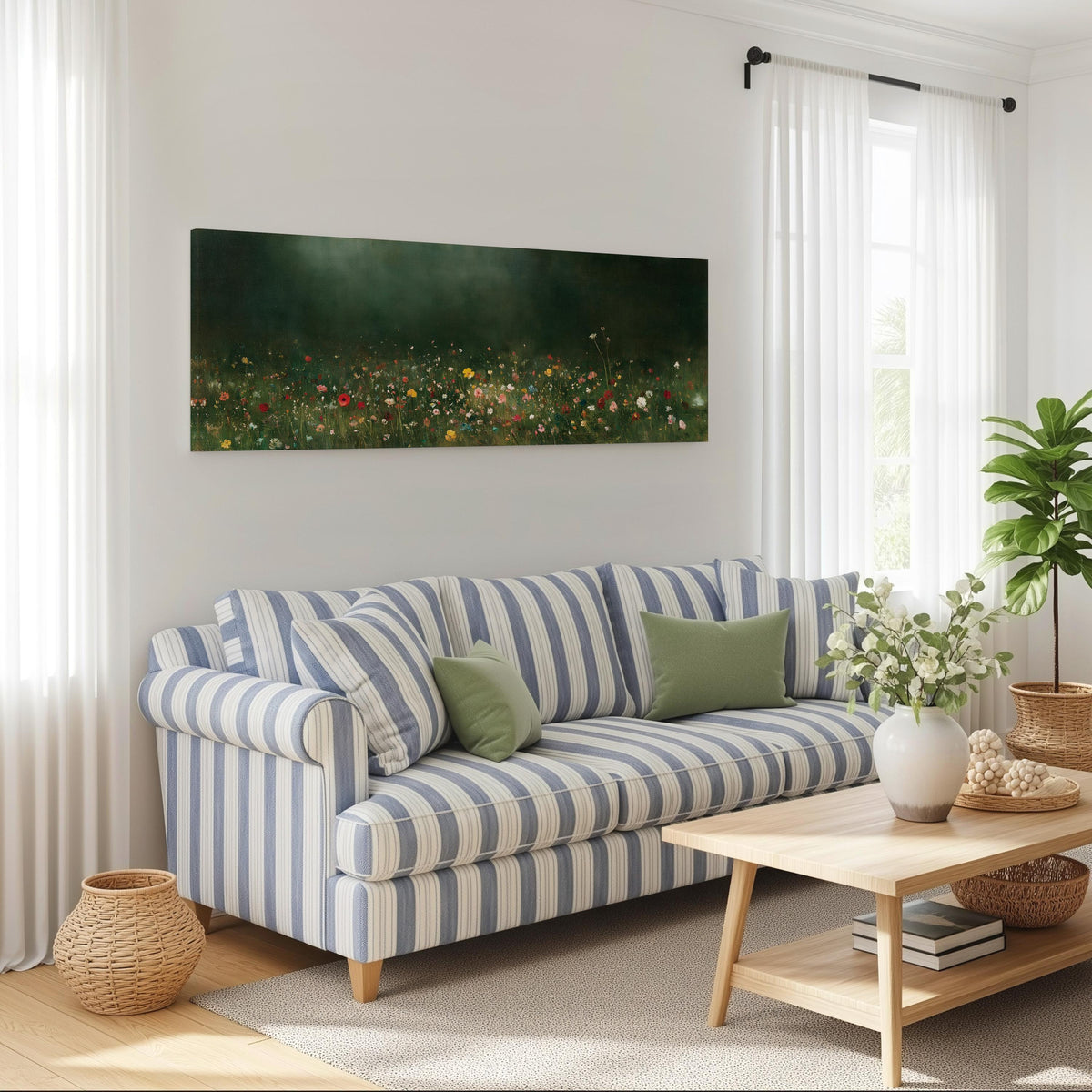 Wildflower meadow at the edge of a dark forest long horizontal canvas print above a striped sofa in a coastal living room