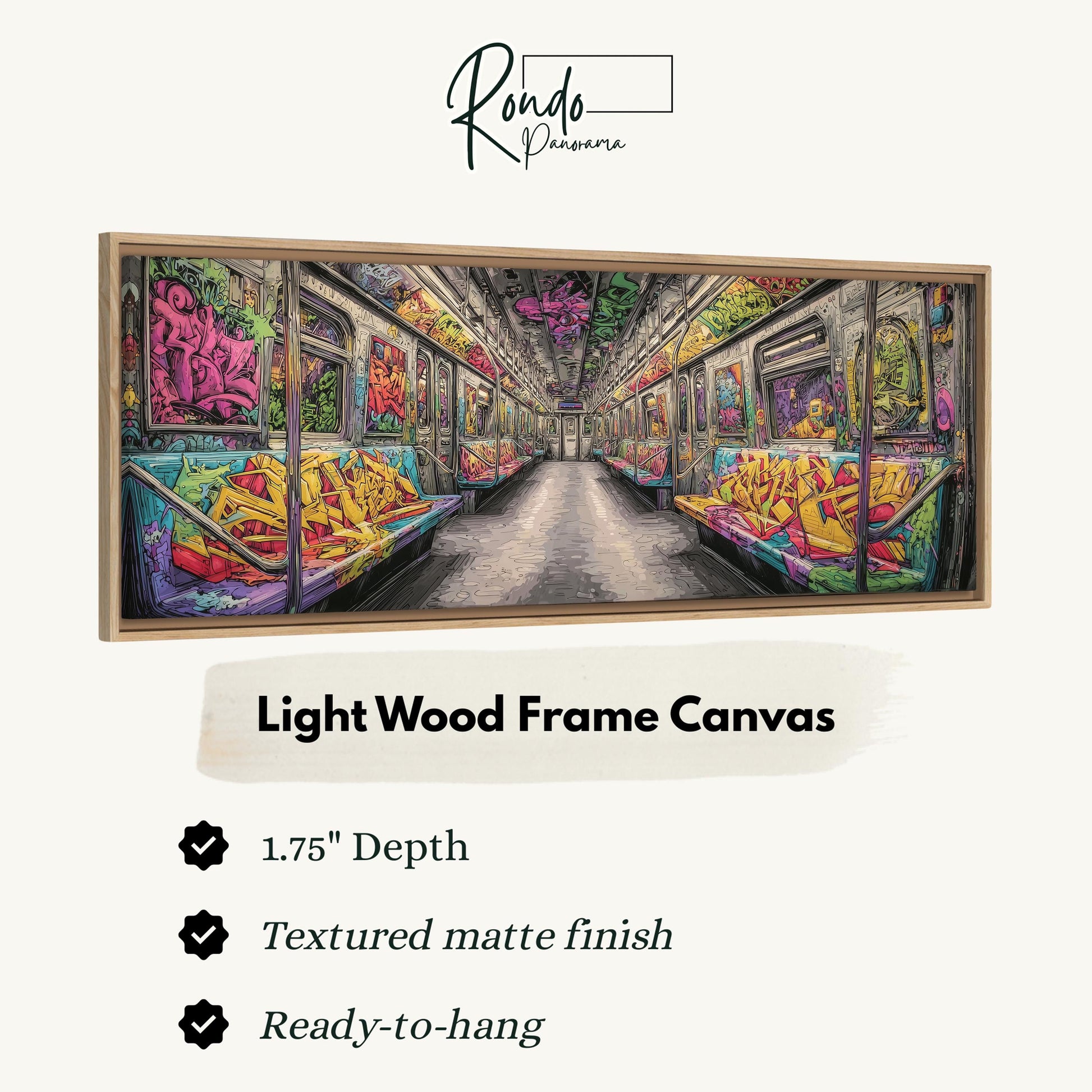 The image is a light wood frame canvas depicting a colorful and vibrant scene inside a subway car.