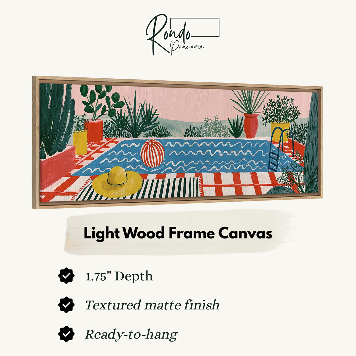 Colorful poolside courtyard canvas print in a light wood floating frame