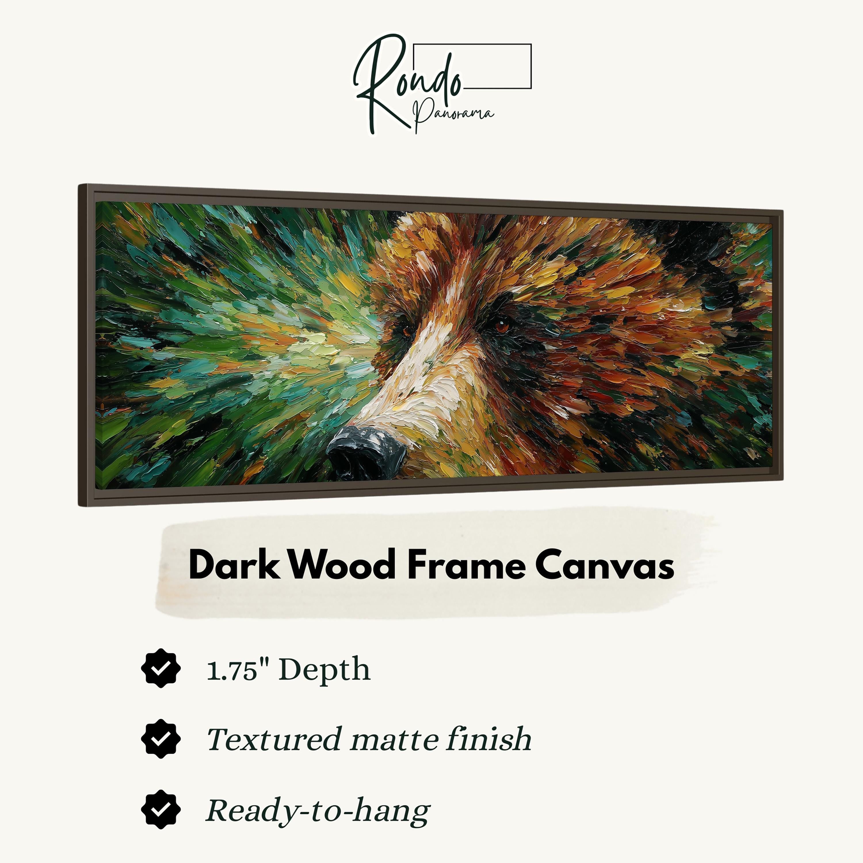 The image is a close-up of a painting of a bear's face in a dark wood frame.