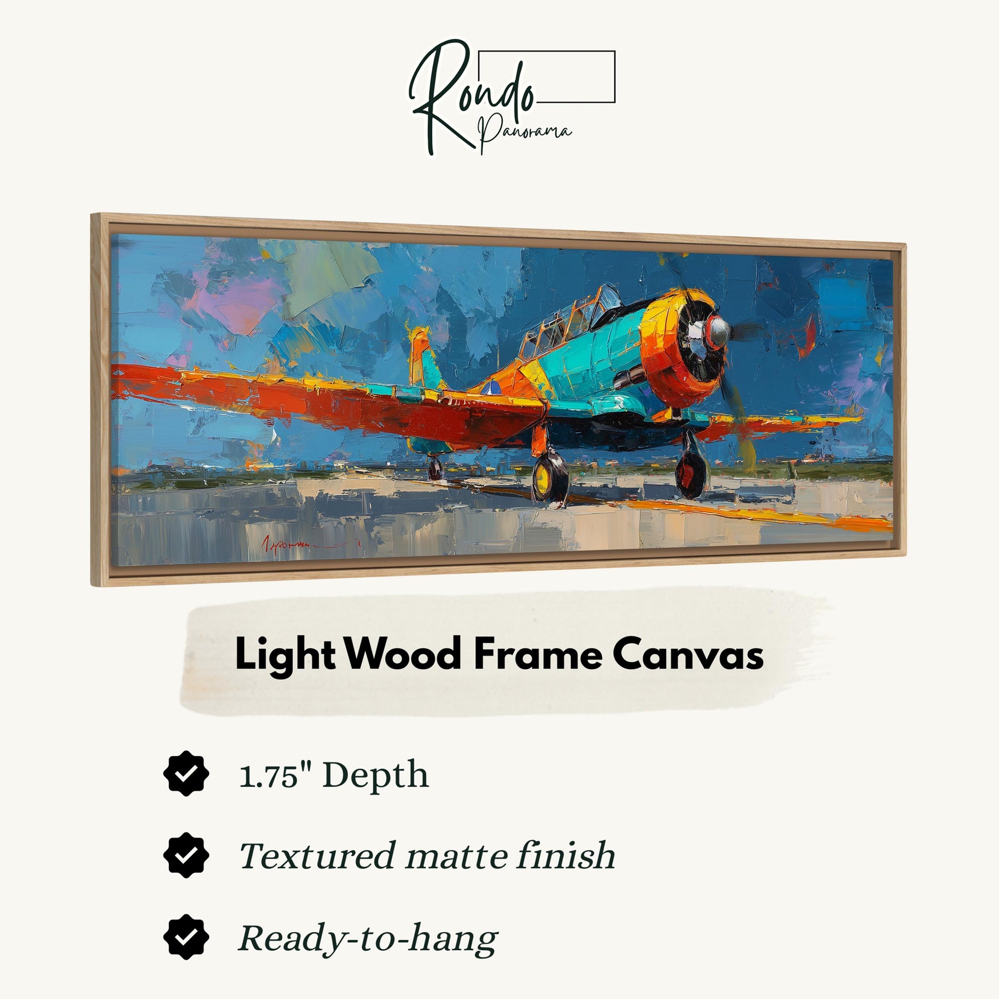 The image is a painting of a colorful airplane on a wooden frame.