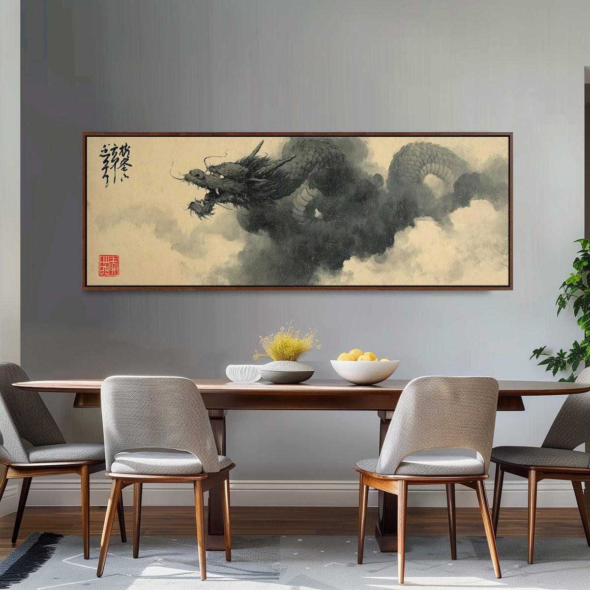 Ink dragon in the clouds long horizontal canvas print above a dining table