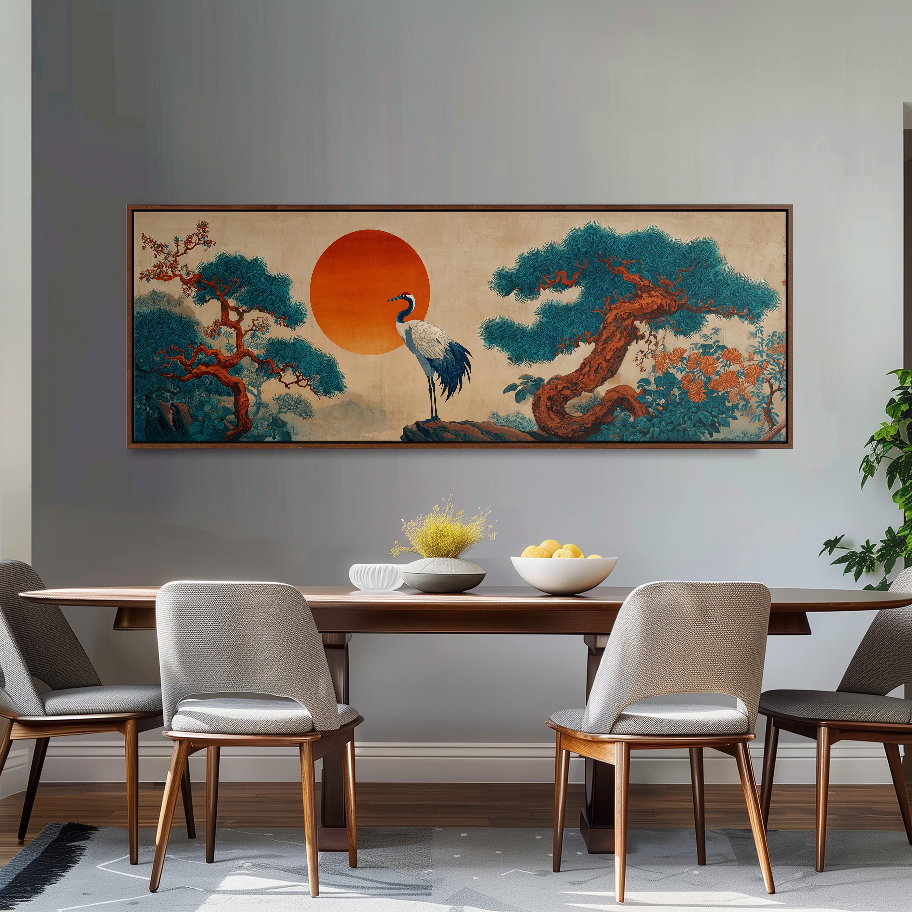 a dining room with a large painting of a crane and trees on the wall above a wooden dining table with four chairs.