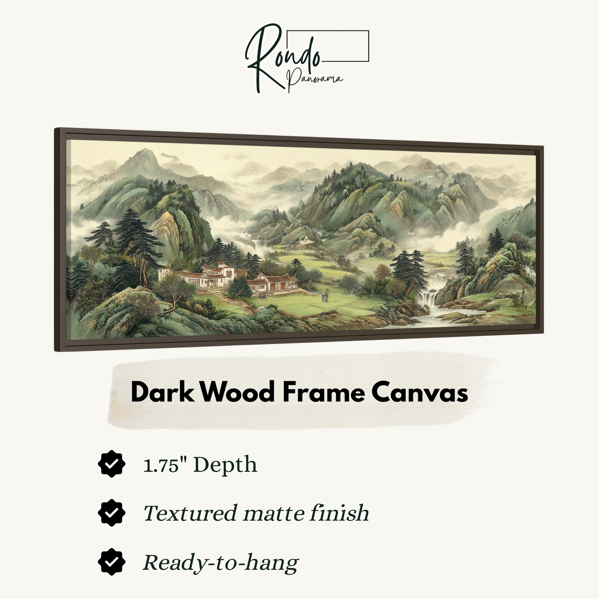 The image is a framed landscape painting depicting a mountainous, forested area with a village in the distance.