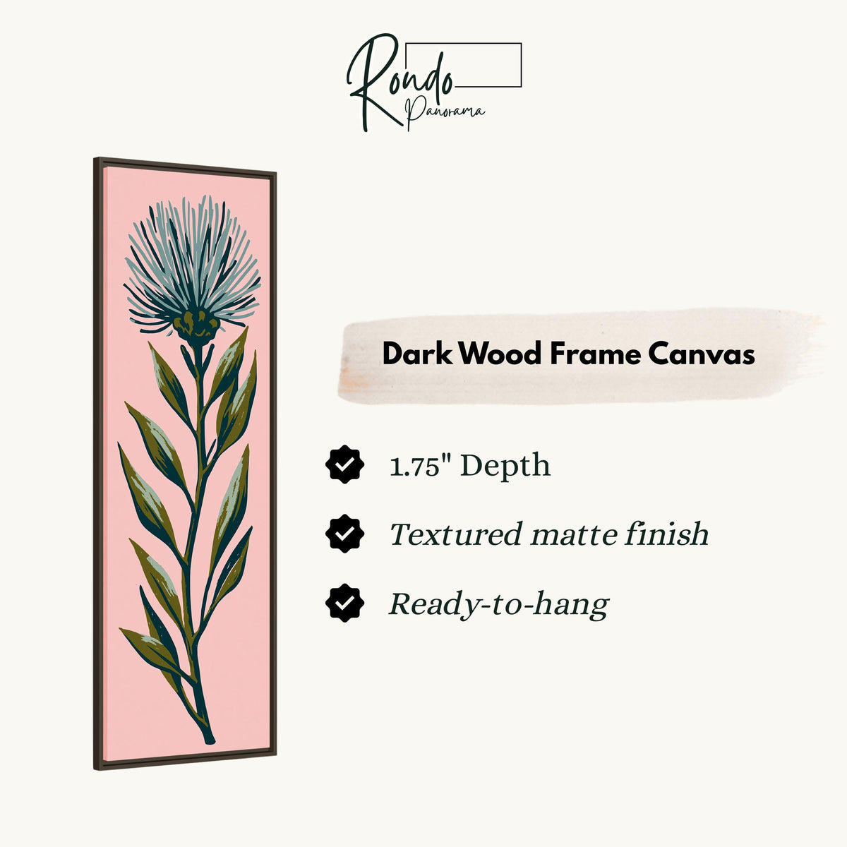 Blue thistle flower on blush pink canvas print in a dark wood floating frame
