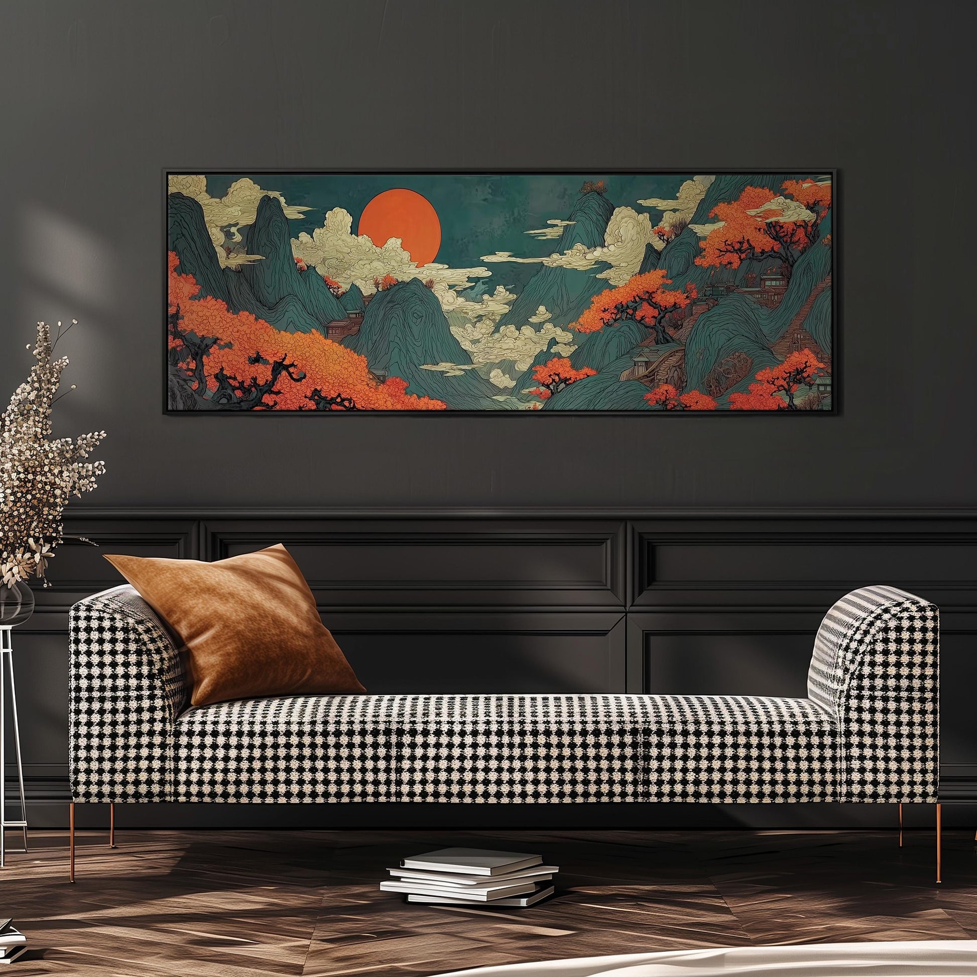 a large, colorful landscape painting hanging on a wall above a black and white checkered sofa.