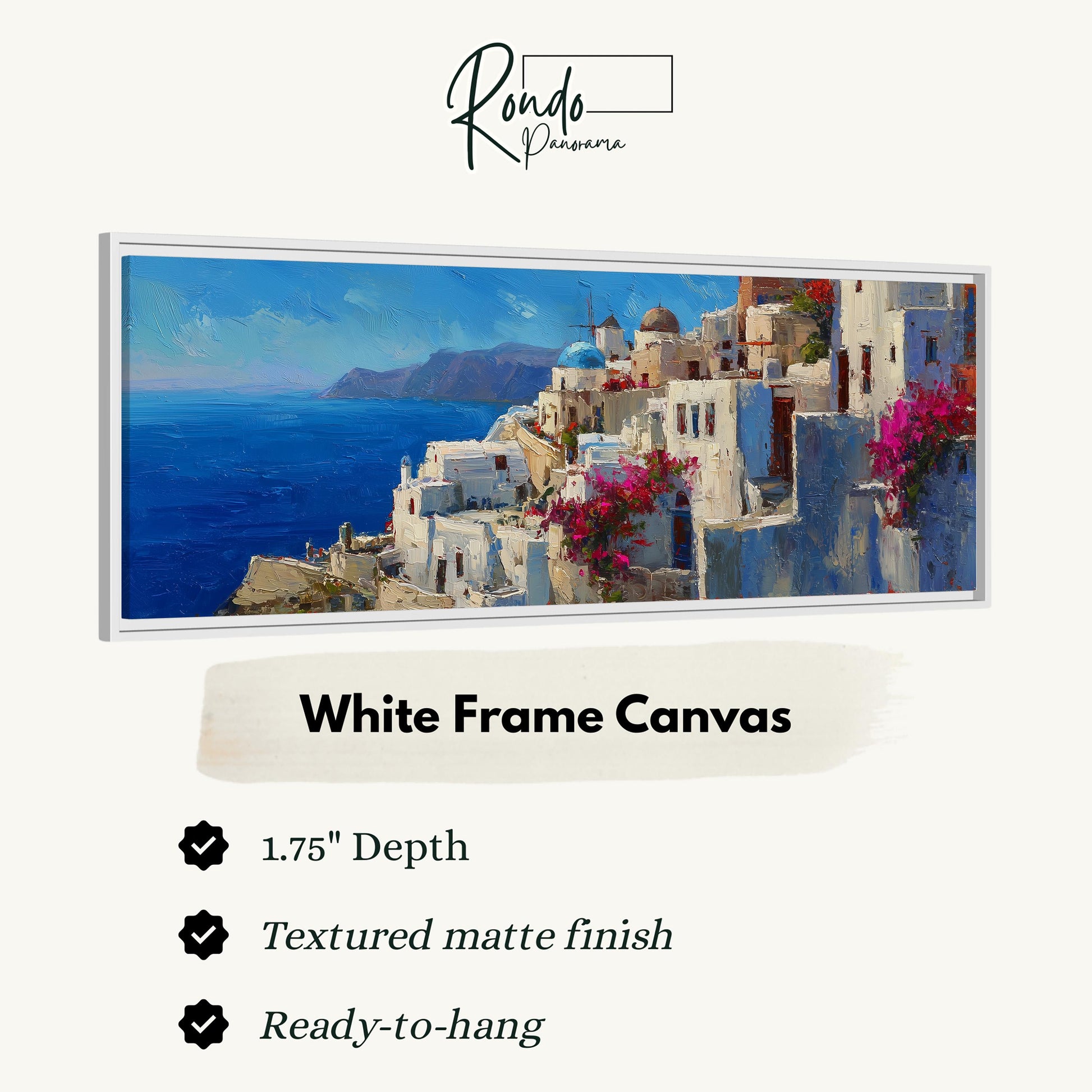 The image is a white frame canvas depicting a picturesque coastal town with white buildings, blue sky, and a blue sea.