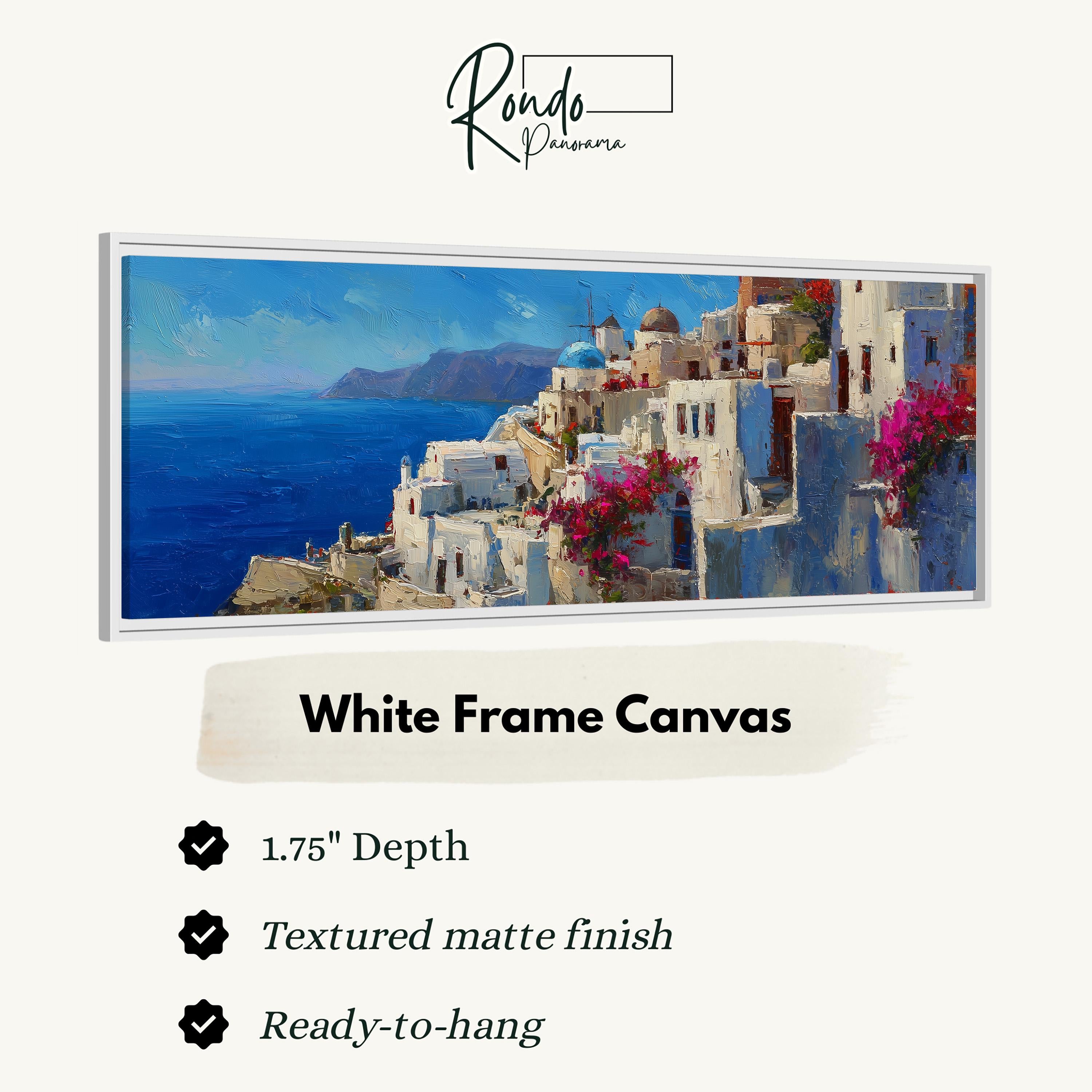 The image is a white frame canvas depicting a picturesque coastal town with white buildings, blue sky, and a blue sea.