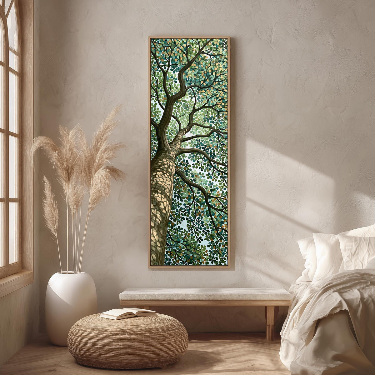 Tree canopy in a dappled mosaic style long vertical canvas print in a bright reading corner
