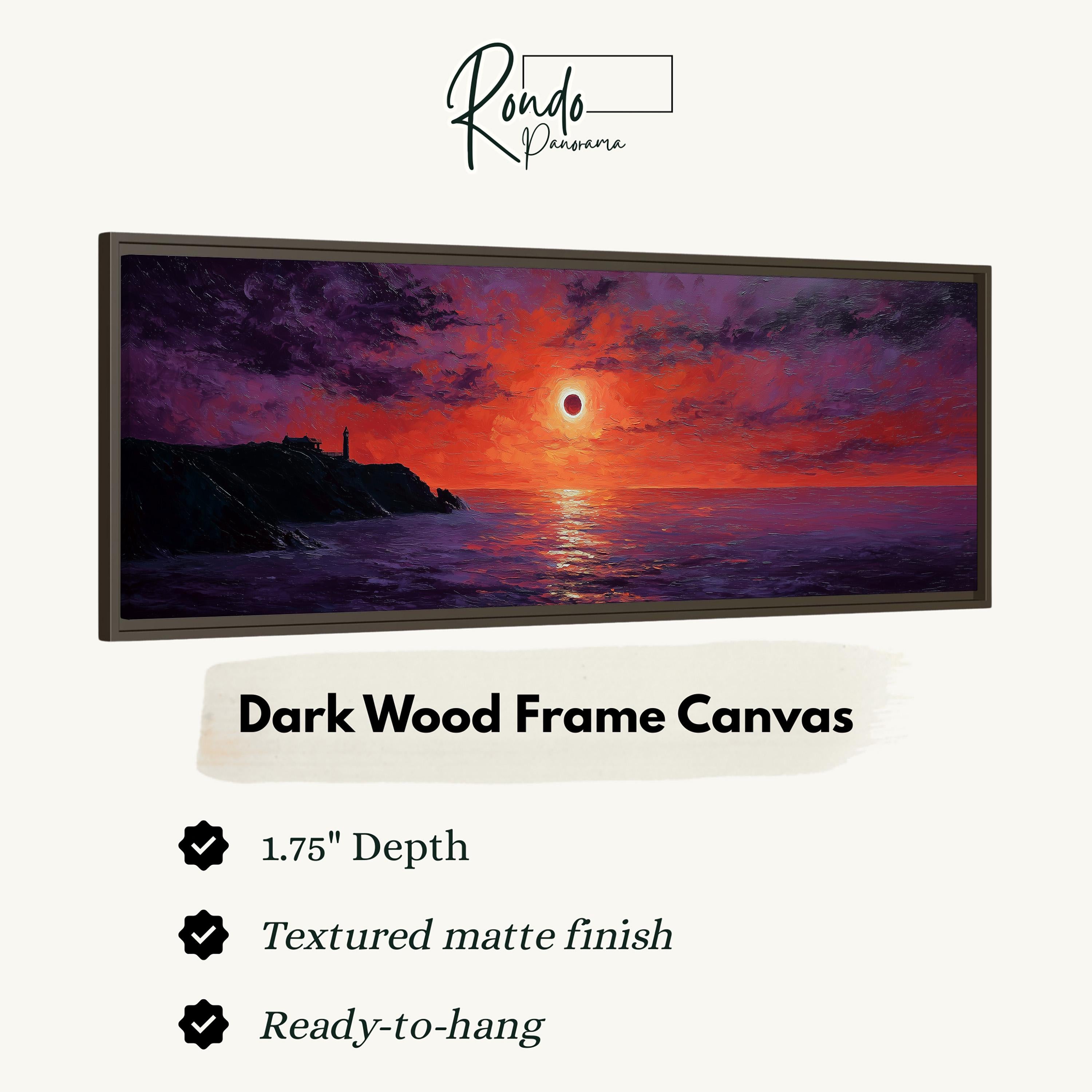 The image is a dark wood frame canvas depicting a sunset over the ocean.
