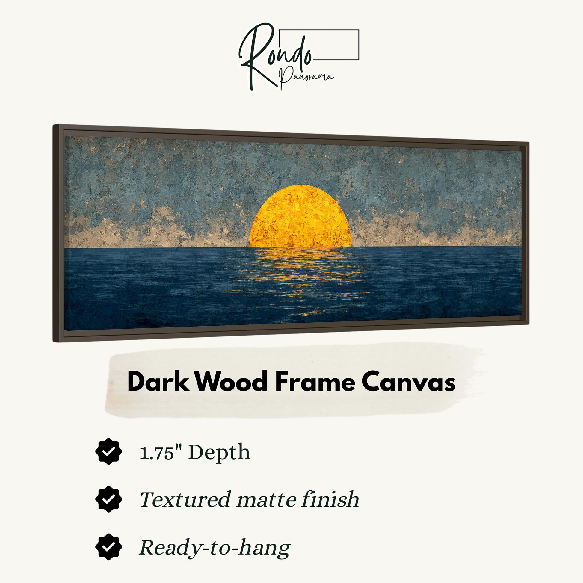 The image is a framed artwork depicting a sunset over the ocean.