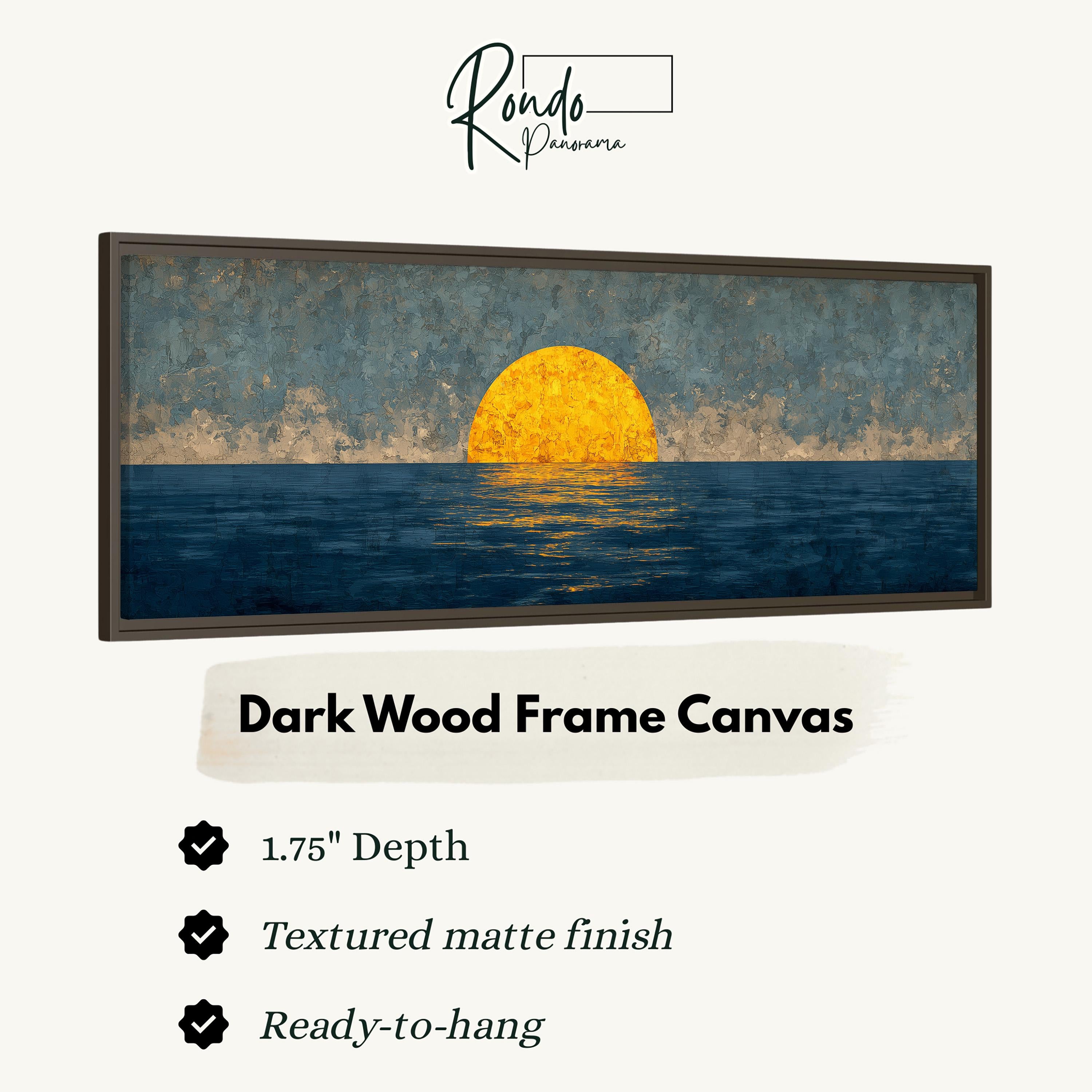 The image is a framed artwork depicting a sunset over the ocean.