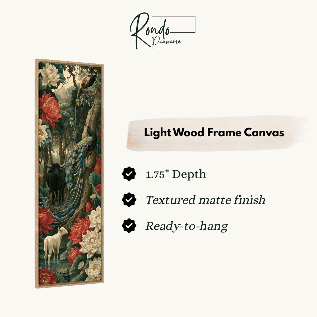 Peacock and animals in a lush jungle of lilies canvas print in a light wood floating frame