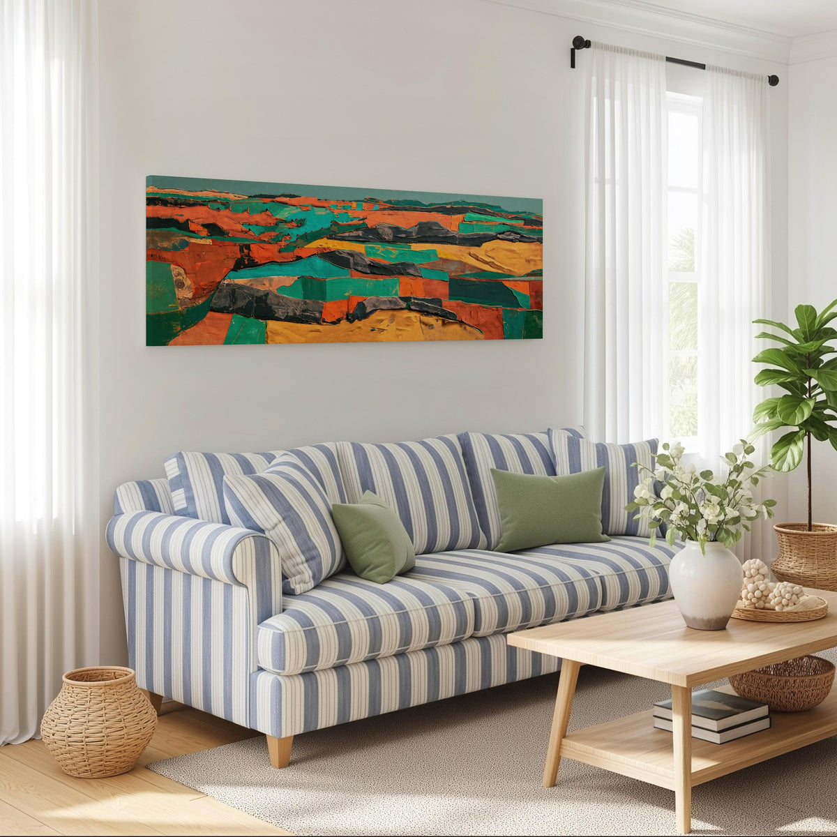 Abstract patchwork terrain in orange and teal long horizontal canvas print above a striped sofa in a coastal living room