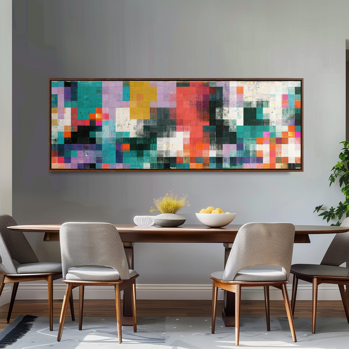 Teal and coral patchwork color blocks long horizontal canvas print above a dining table