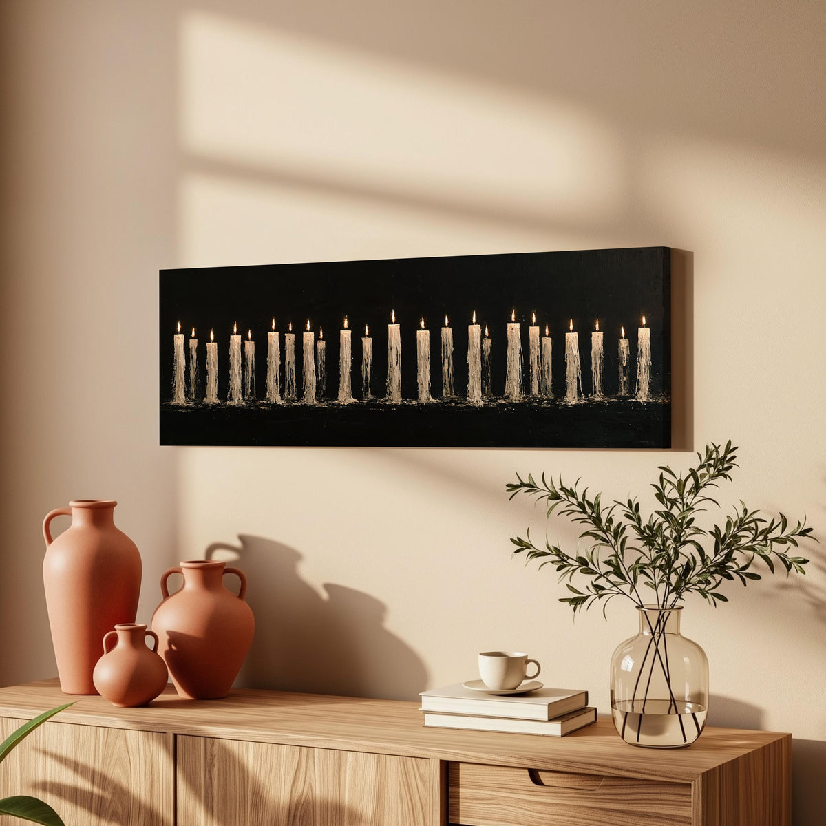 Long row of flickering candles long horizontal canvas print above a wooden sideboard