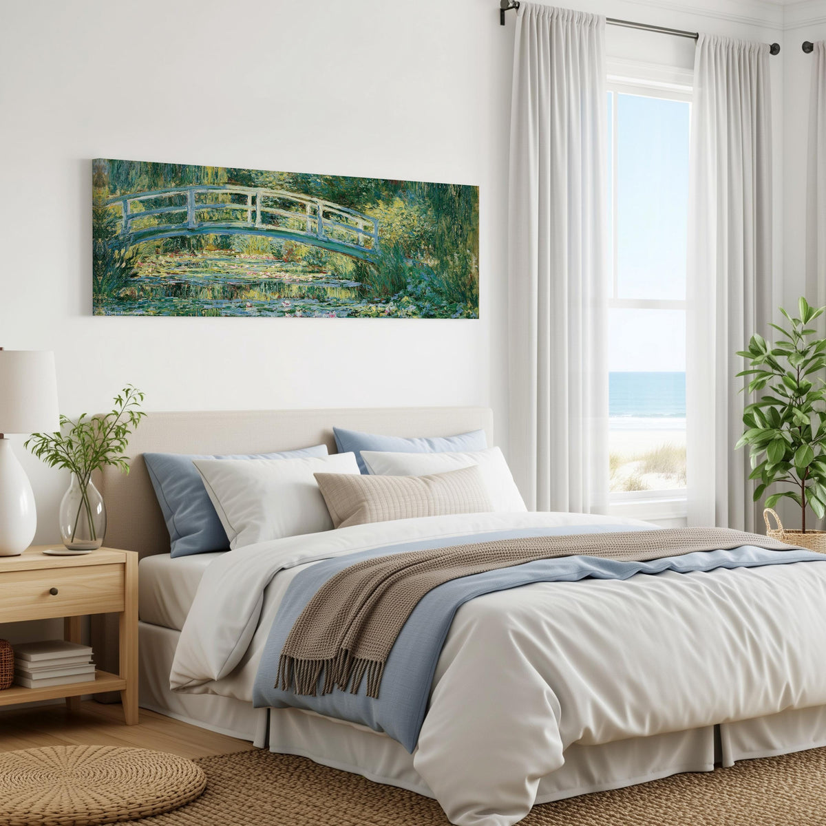Japanese bridge over a water lily pond panoramic canvas print above a bed in a coastal bedroom