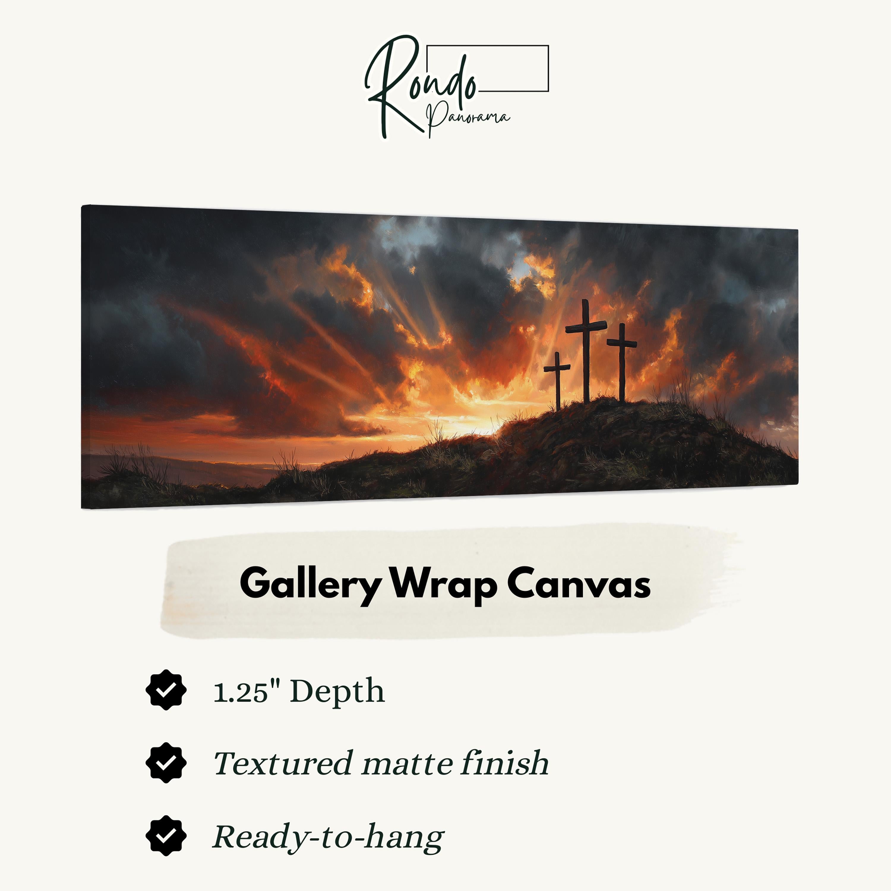 The image is a painting of three crosses silhouetted against a dramatic sunset sky.