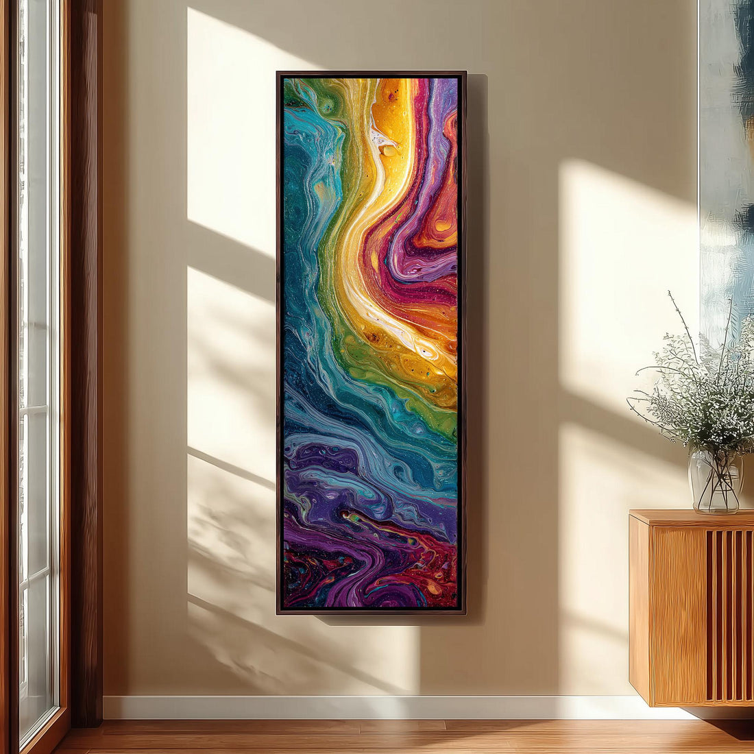 a vibrant, abstract painting hanging on the wall of a hallway. The painting is a colorful swirl of various hues, creating a dynamic and visually striking display. The hallway is well-lit, with a staircase visible on the left side of the image. A bench is also present in the scene, adding a touch of comfort and functionality to the space.
