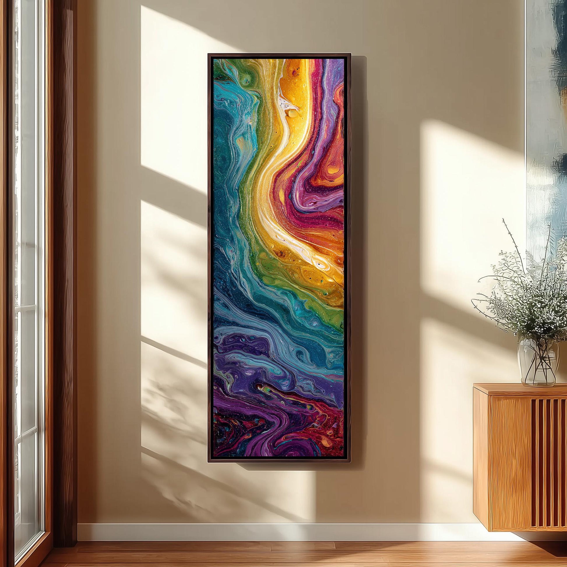 a vibrant abstract painting hanging on a wall, with a wooden cabinet and a vase of flowers to the right of the painting.