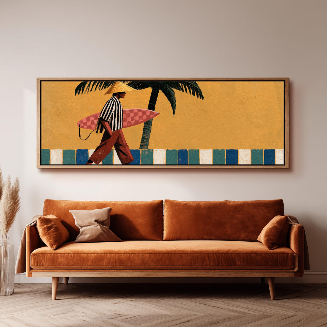 Surfer walking past a yellow wall and palm long horizontal canvas print above a sofa in a living room