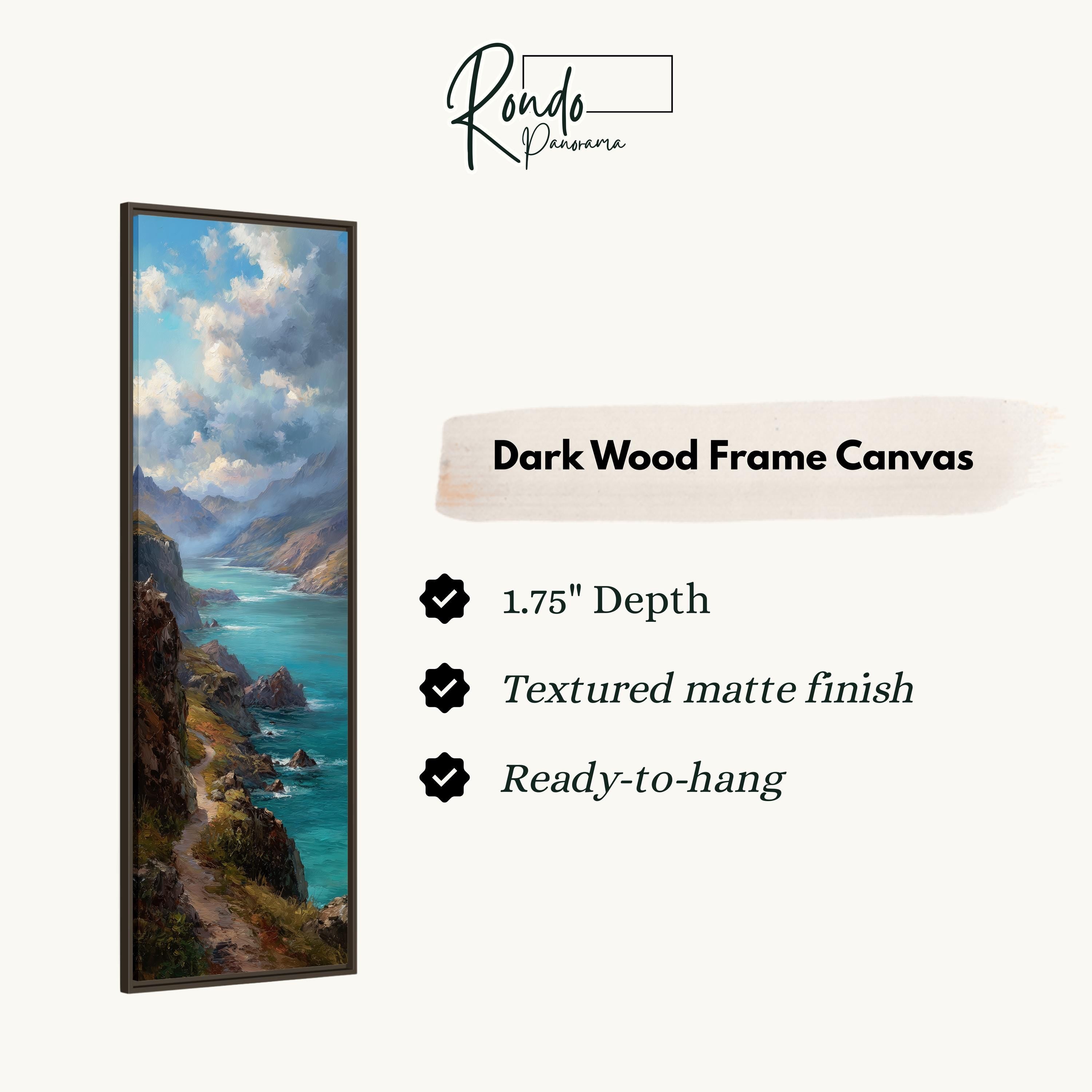 The image is a rectangular dark wood frame canvas depicting a scenic landscape with a winding path leading to a body of water.