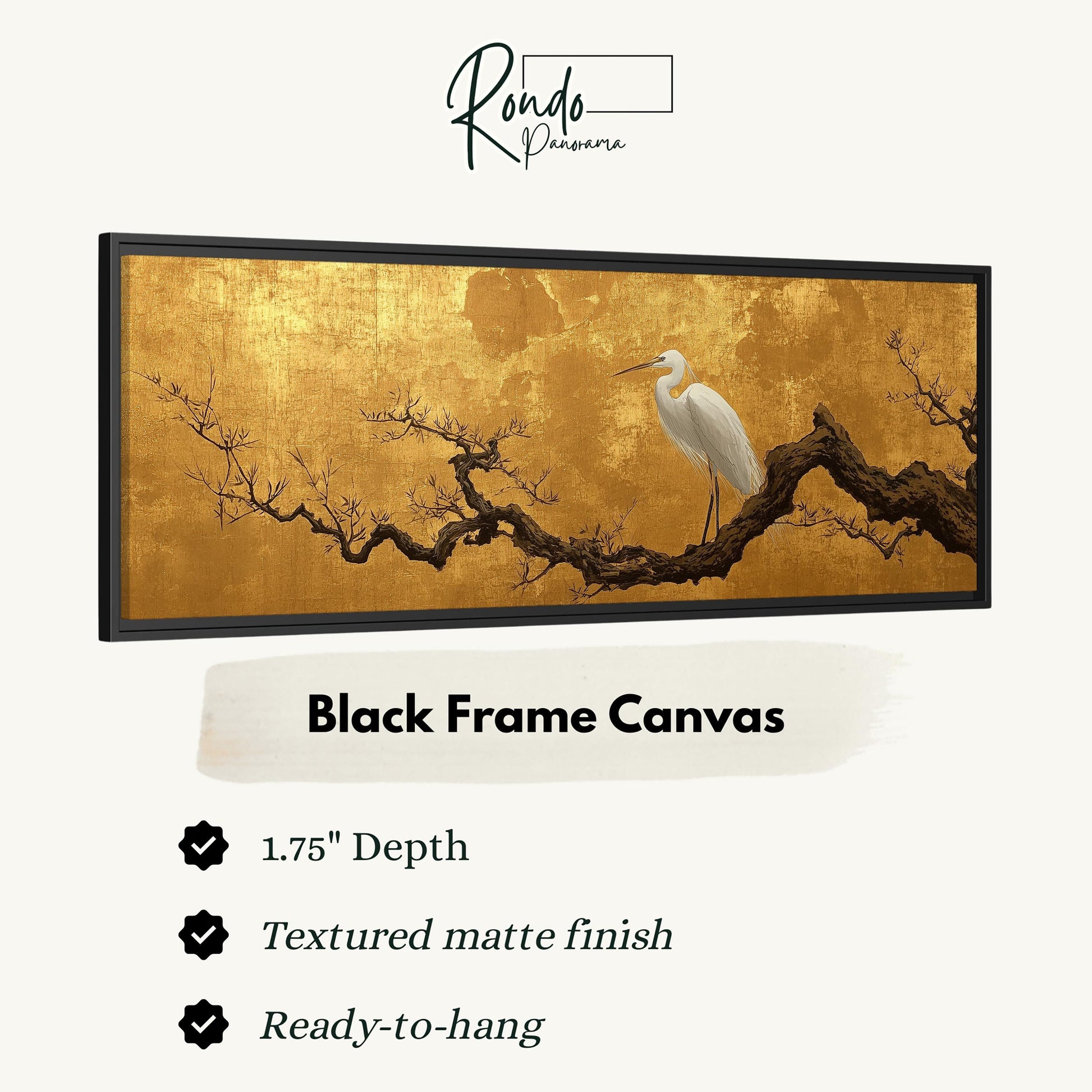 The image is a black frame canvas depicting a white crane standing on a branch with a golden background.
