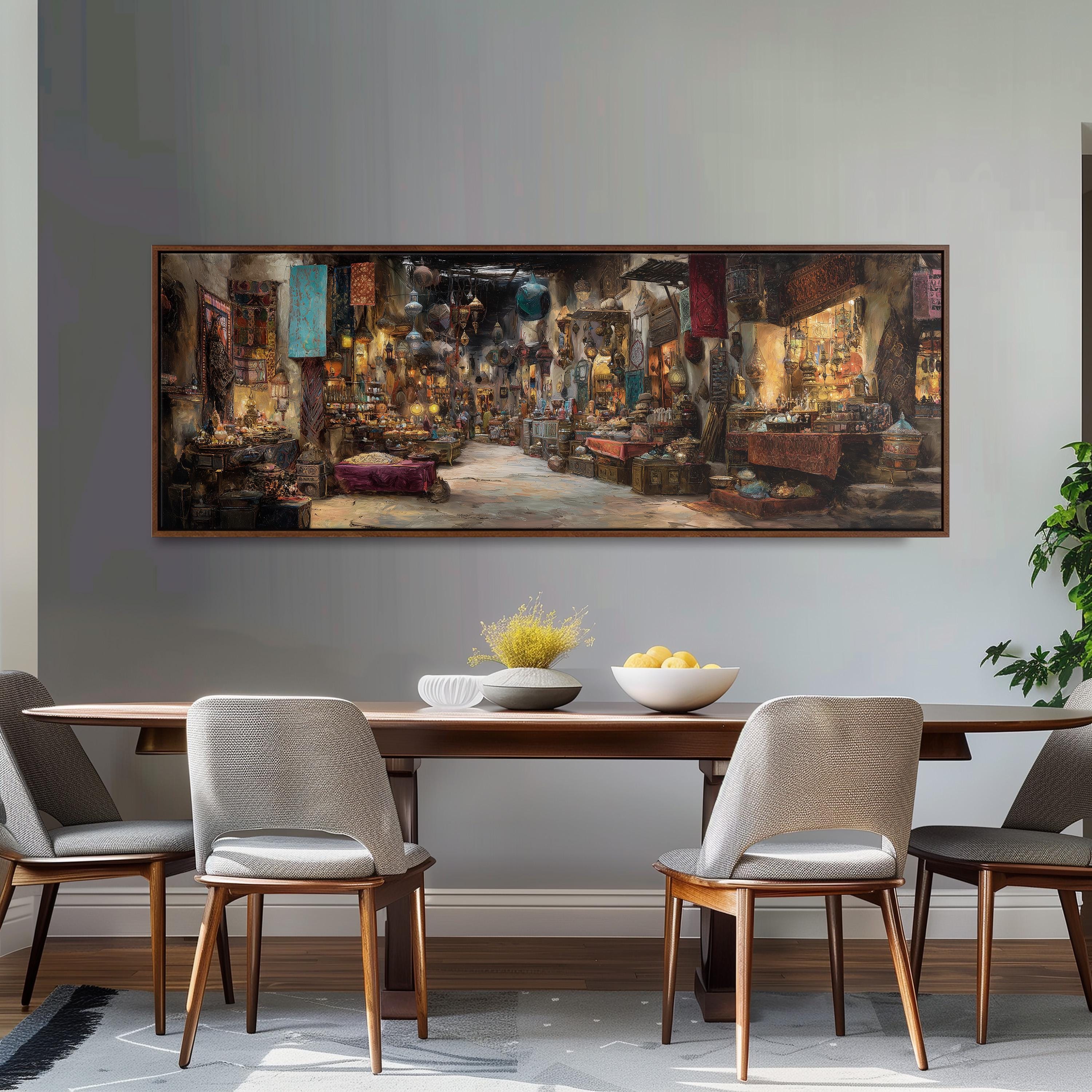 a large painting of a bustling market scene hanging on a wall above a wooden dining table with four chairs.