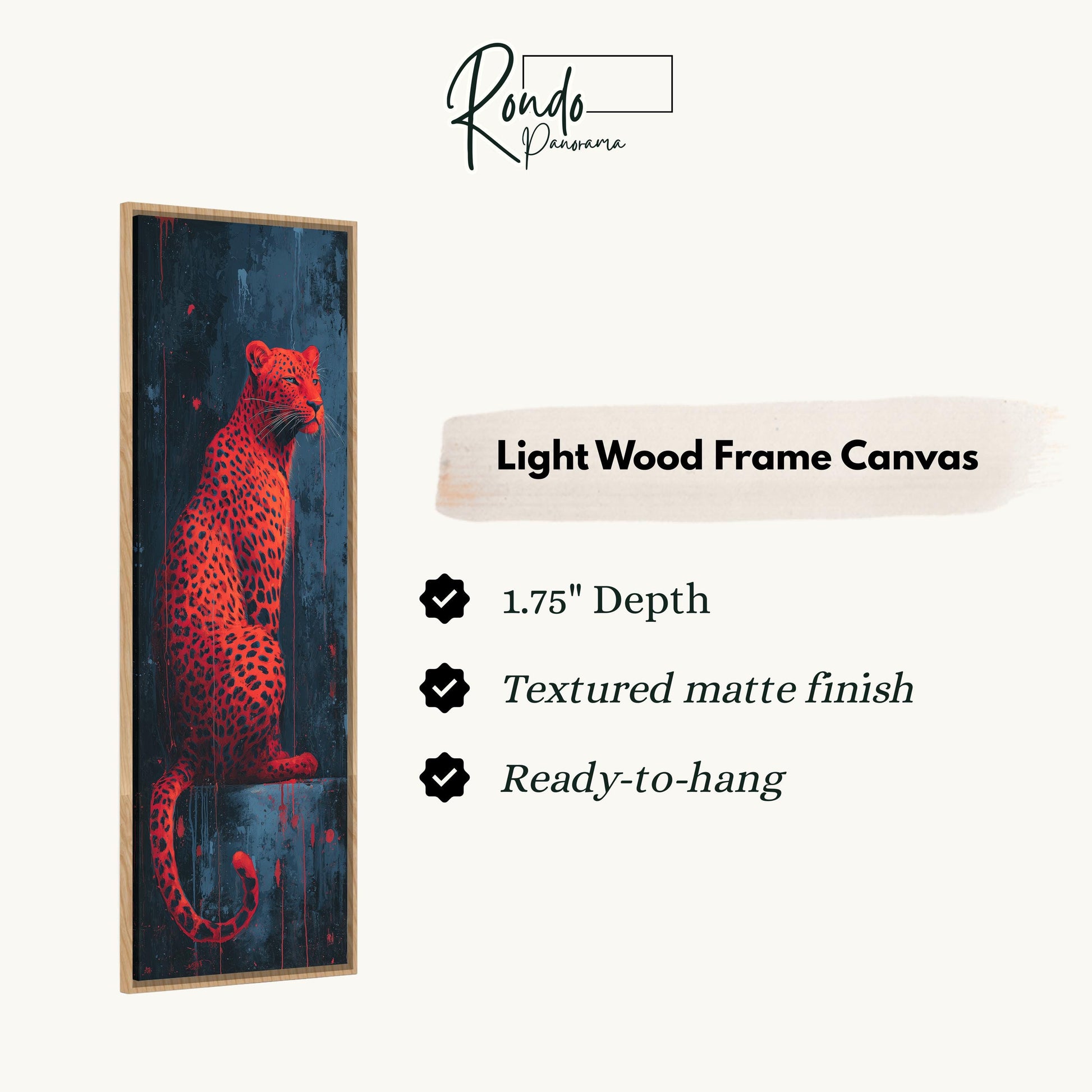 a striking red leopard with a dark background, and it is described as a "Light Wood Frame Canvas" with a 1.75" depth, a textured matte finish, and a ready-to-hang feature.