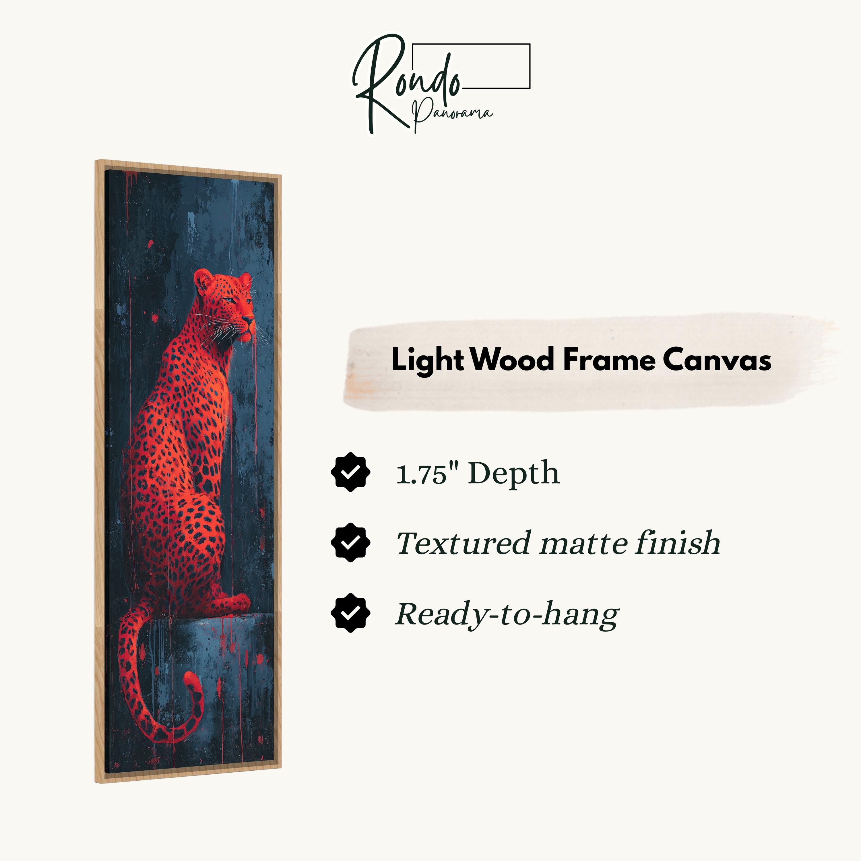 a striking red leopard with a dark background, and it is described as a "Light Wood Frame Canvas" with a 1.75" depth, a textured matte finish, and a ready-to-hang feature.