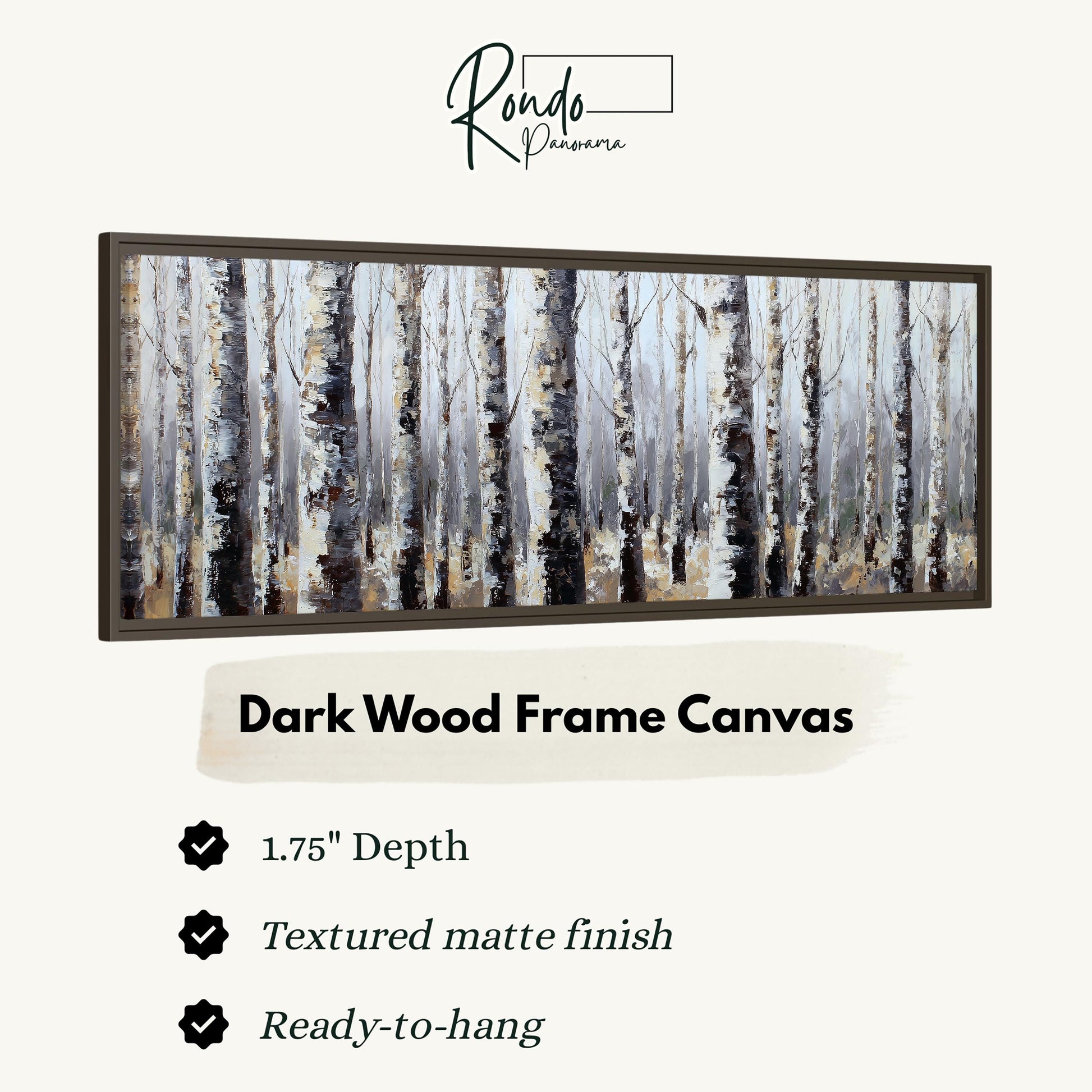 The image is a framed artwork depicting a forest with tall trees, and it is described as a "Dark Wood Frame Canvas" with a 1.75" depth, a textured matte finish, and a ready-to-hang condition.