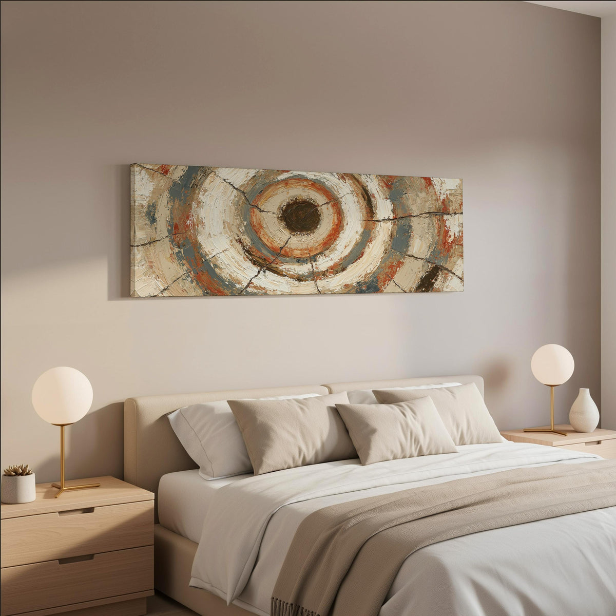 Rust and navy textured tree ring wide panoramic canvas print above a bed in a neutral bedroom
